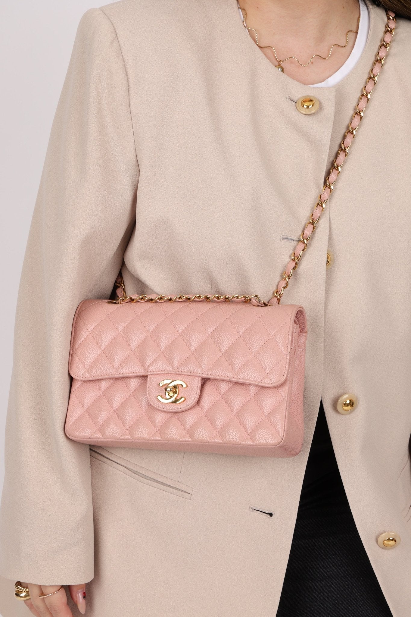 Ultra - Rare Chanel 2003 Caviar Rose Sakura Small Double Flap 24K GP - FashioNica