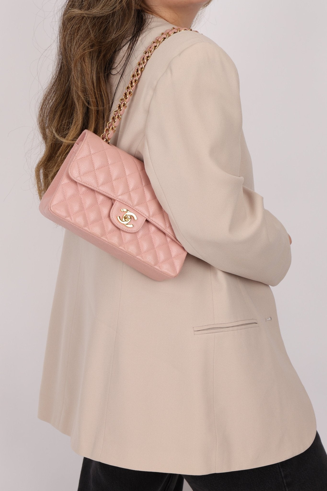 Ultra - Rare Chanel 2003 Caviar Rose Sakura Small Double Flap 24K GP - FashioNica