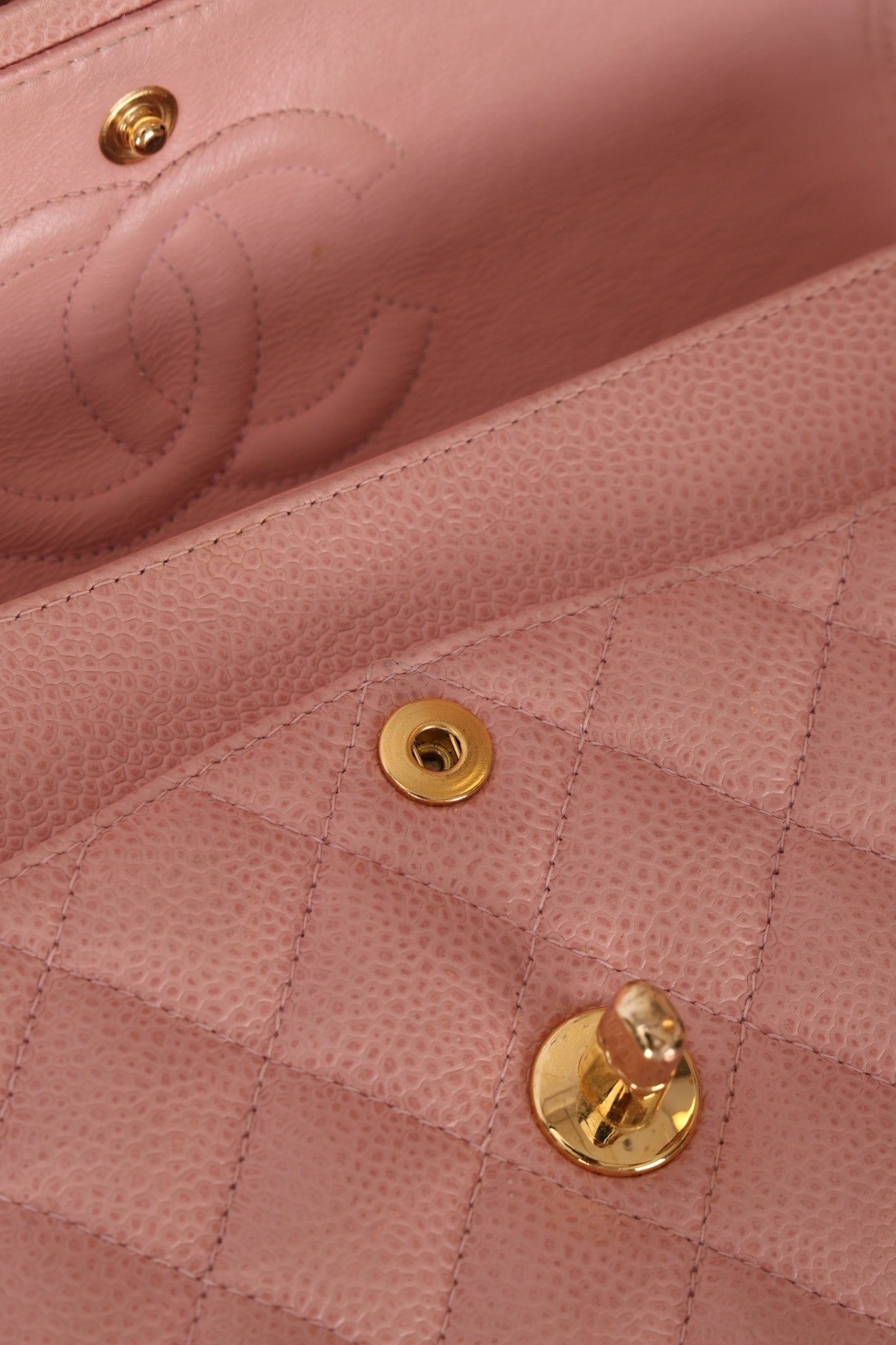 Ultra - Rare Chanel 2003 Caviar Rose Sakura Small Double Flap 24K GP - FashioNica