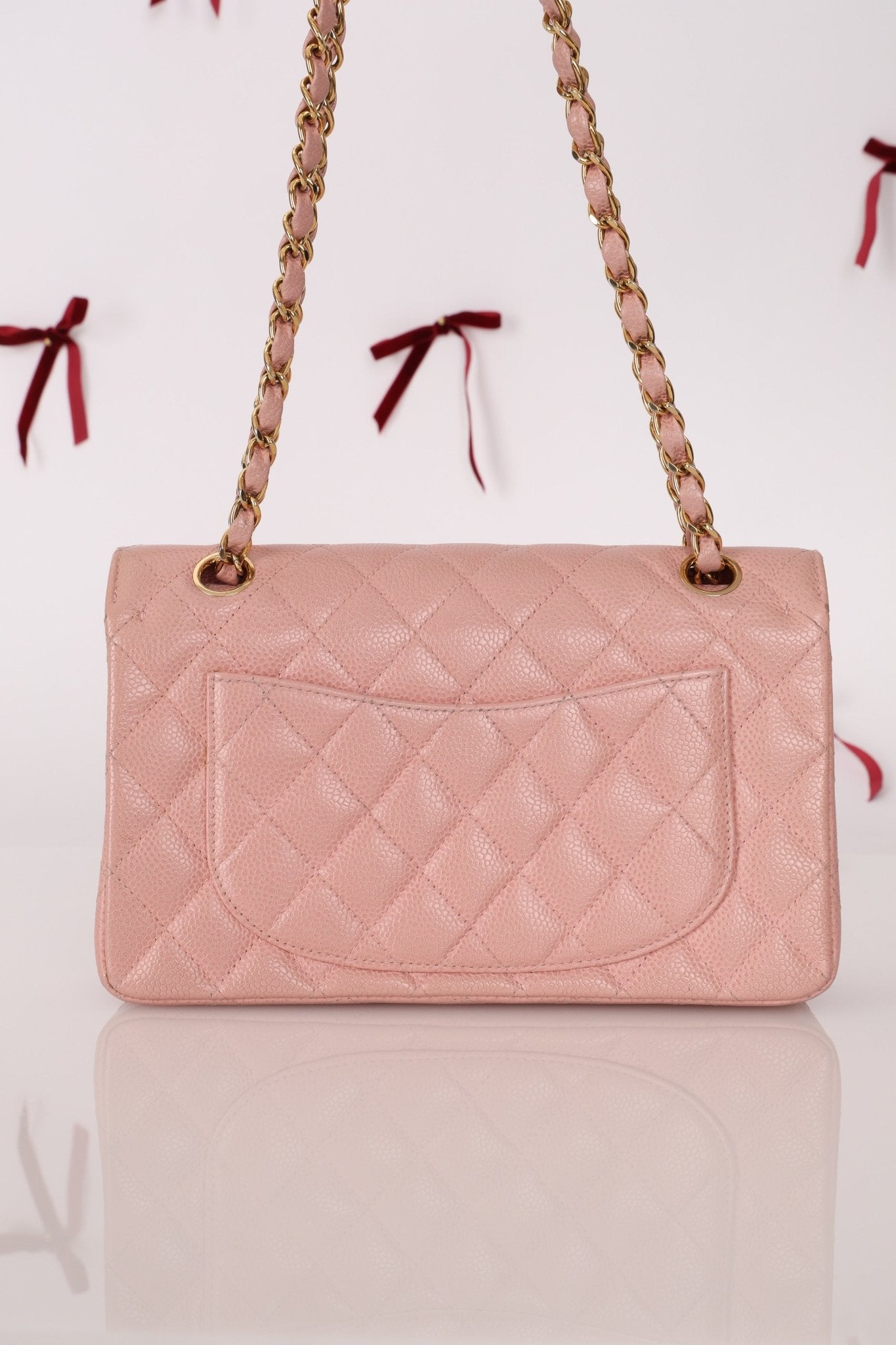 Ultra - Rare Chanel 2003 Caviar Rose Sakura Small Double Flap 24K GP - FashioNica