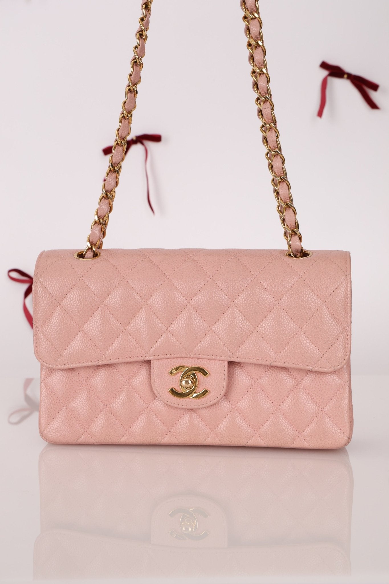 Ultra - Rare Chanel 2003 Caviar Rose Sakura Small Double Flap 24K GP - FashioNica