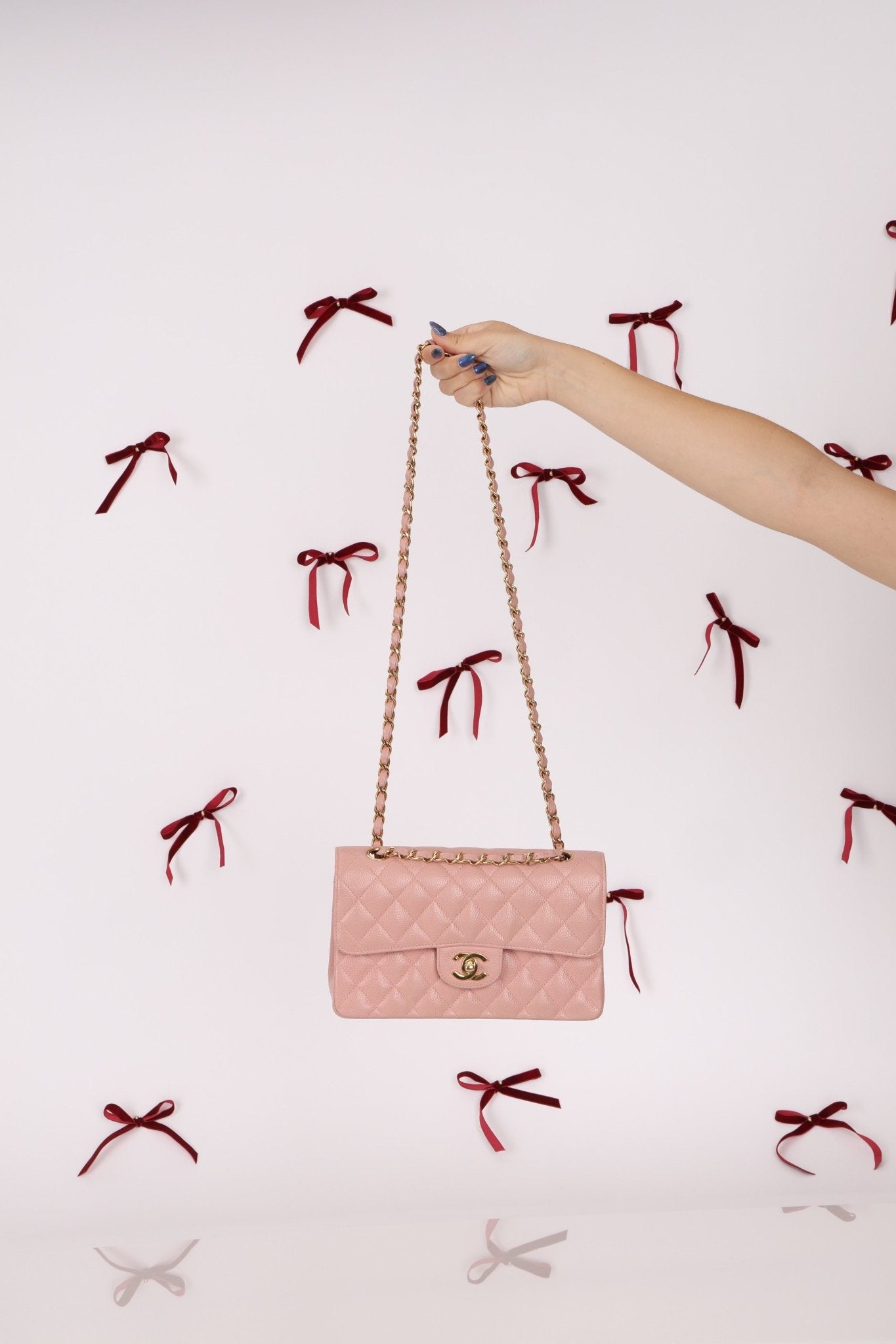 Ultra - Rare Chanel 2003 Caviar Rose Sakura Small Double Flap 24K GP - FashioNica