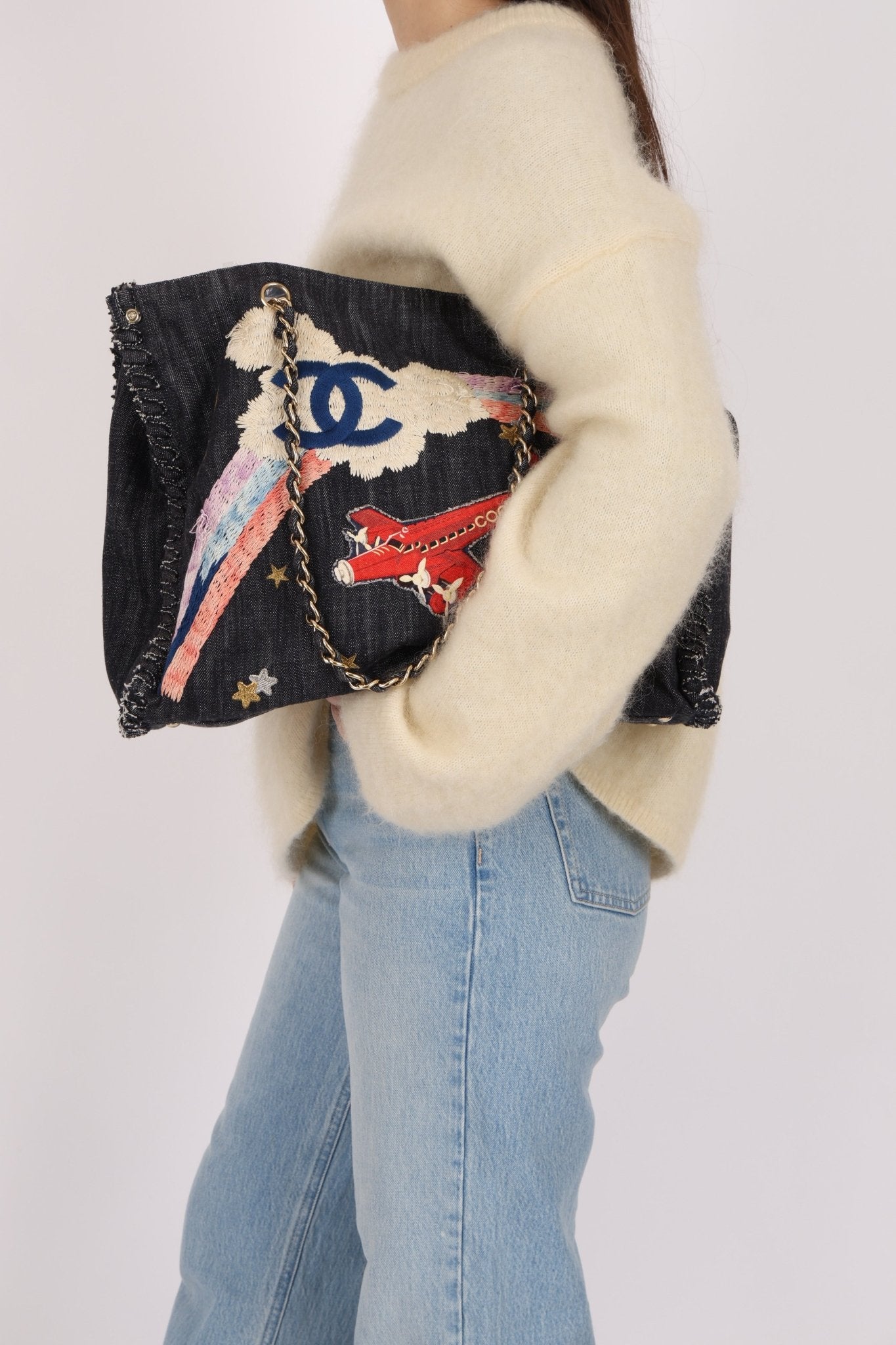 Ultra - Rare Chanel 2006 Airplane Denim Chain Shopping Tote - FashioNica