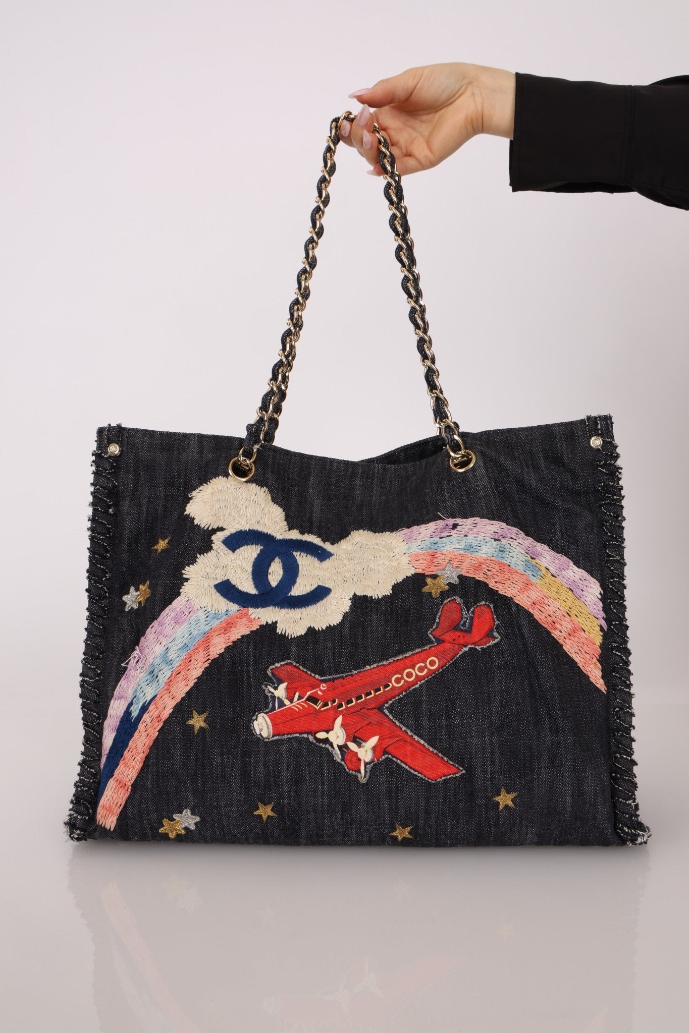 Ultra - Rare Chanel 2006 Airplane Denim Chain Shopping Tote - FashioNica
