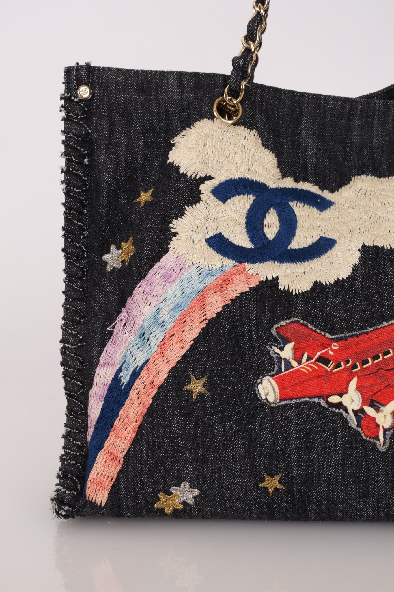 Ultra - Rare Chanel 2006 Airplane Denim Chain Shopping Tote - FashioNica