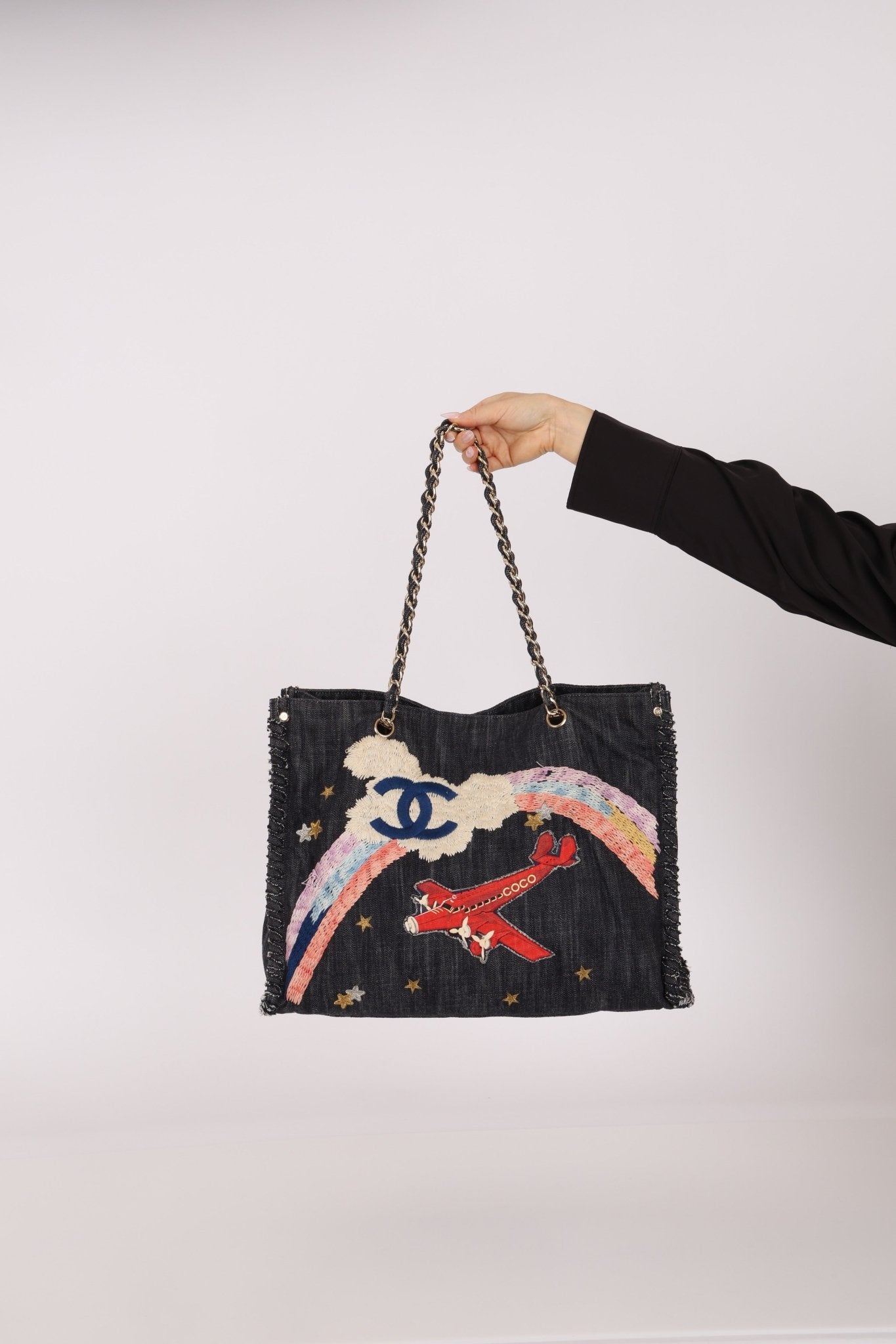 Ultra - Rare Chanel 2006 Airplane Denim Chain Shopping Tote - FashioNica
