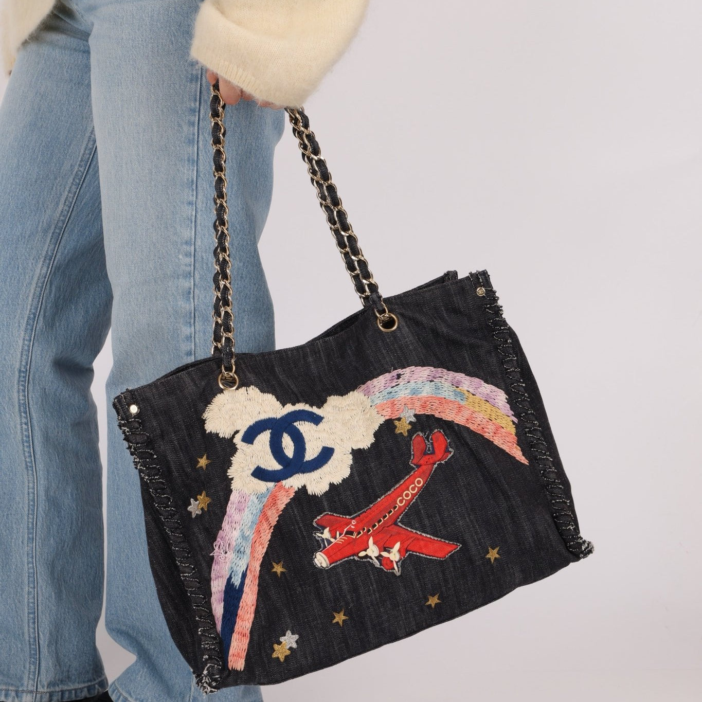 Ultra - Rare Chanel 2006 Airplane Denim Chain Shopping Tote - FashioNica
