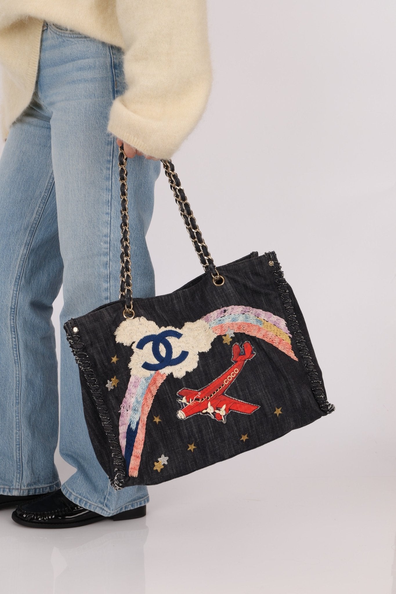 Ultra - Rare Chanel 2006 Airplane Denim Chain Shopping Tote - FashioNica