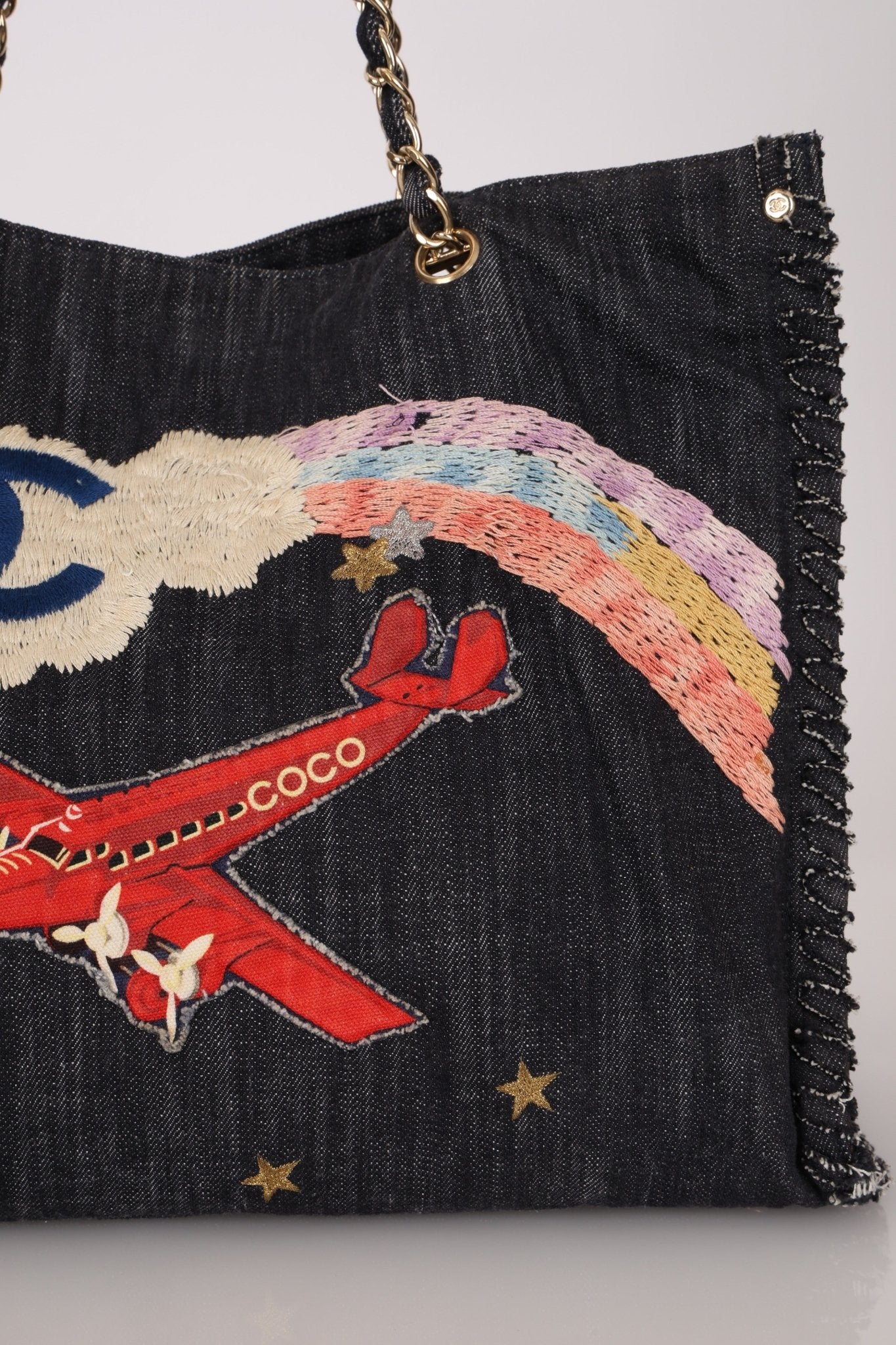 Ultra - Rare Chanel 2006 Airplane Denim Chain Shopping Tote - FashioNica