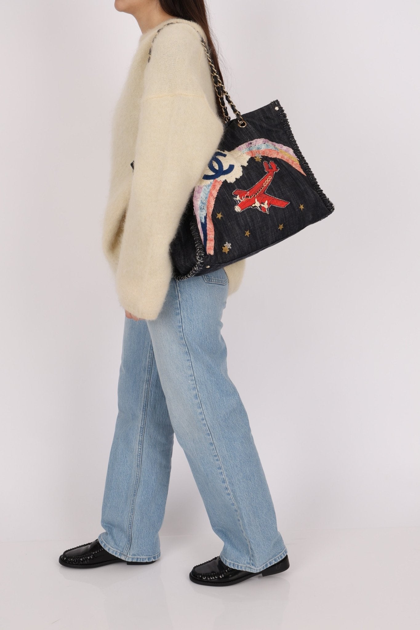 Ultra - Rare Chanel 2006 Airplane Denim Chain Shopping Tote - FashioNica