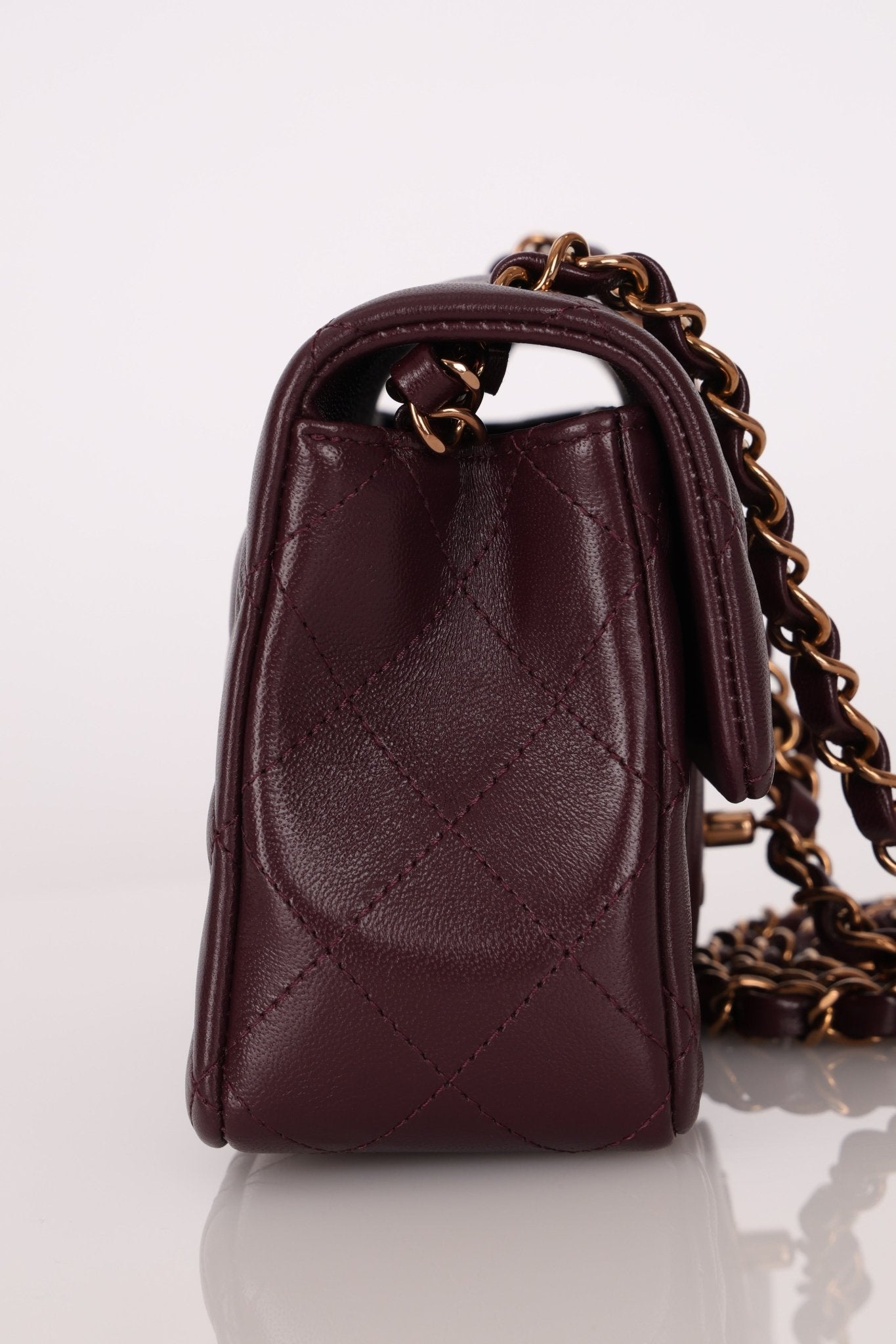 Ultra - Rare Chanel 2024 Bordeaux Lambskin Mini Rectangular Rose Gold Hardware Flap Bag - FashioNica