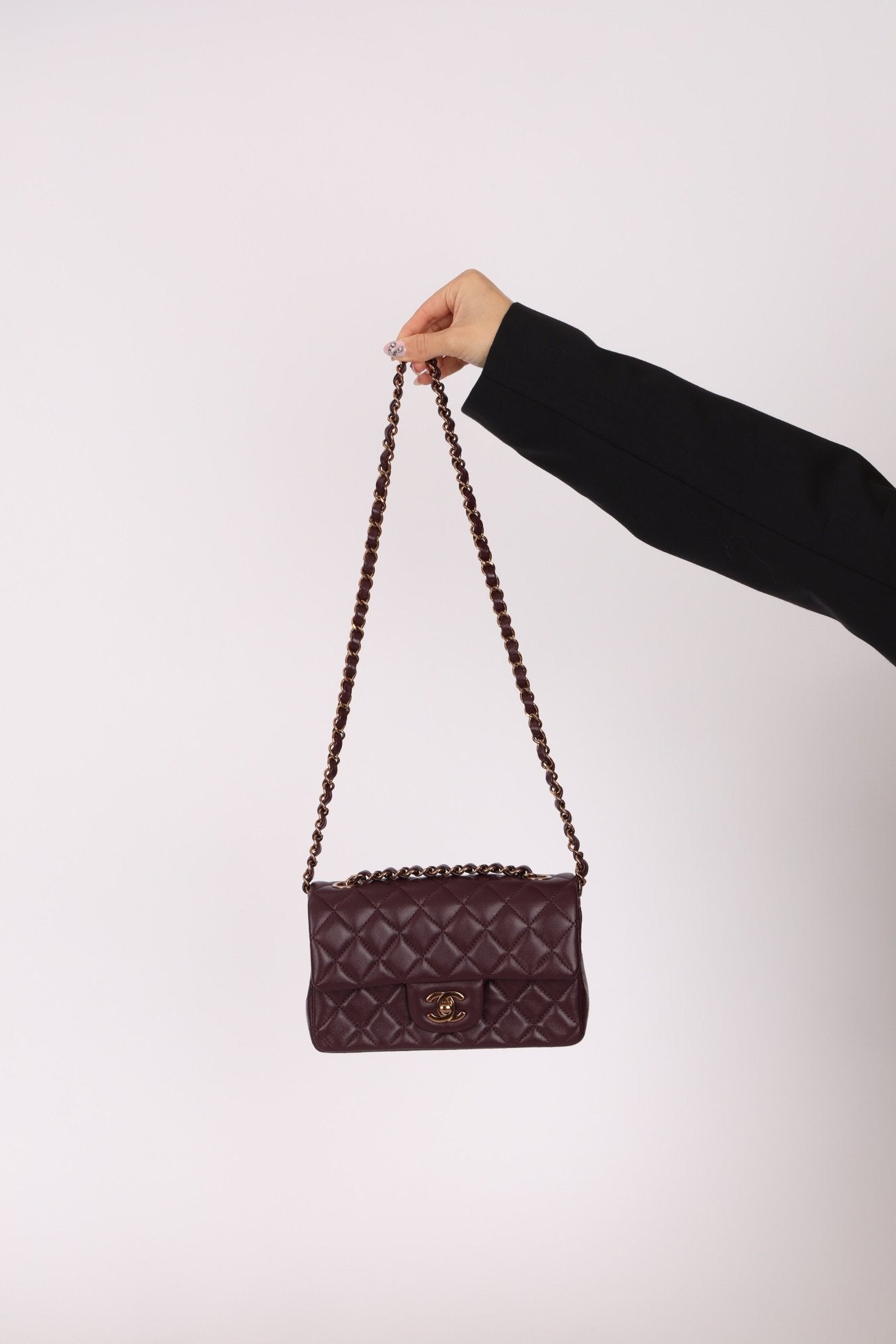 Ultra - Rare Chanel 2024 Bordeaux Lambskin Mini Rectangular Rose Gold Hardware Flap Bag - FashioNica