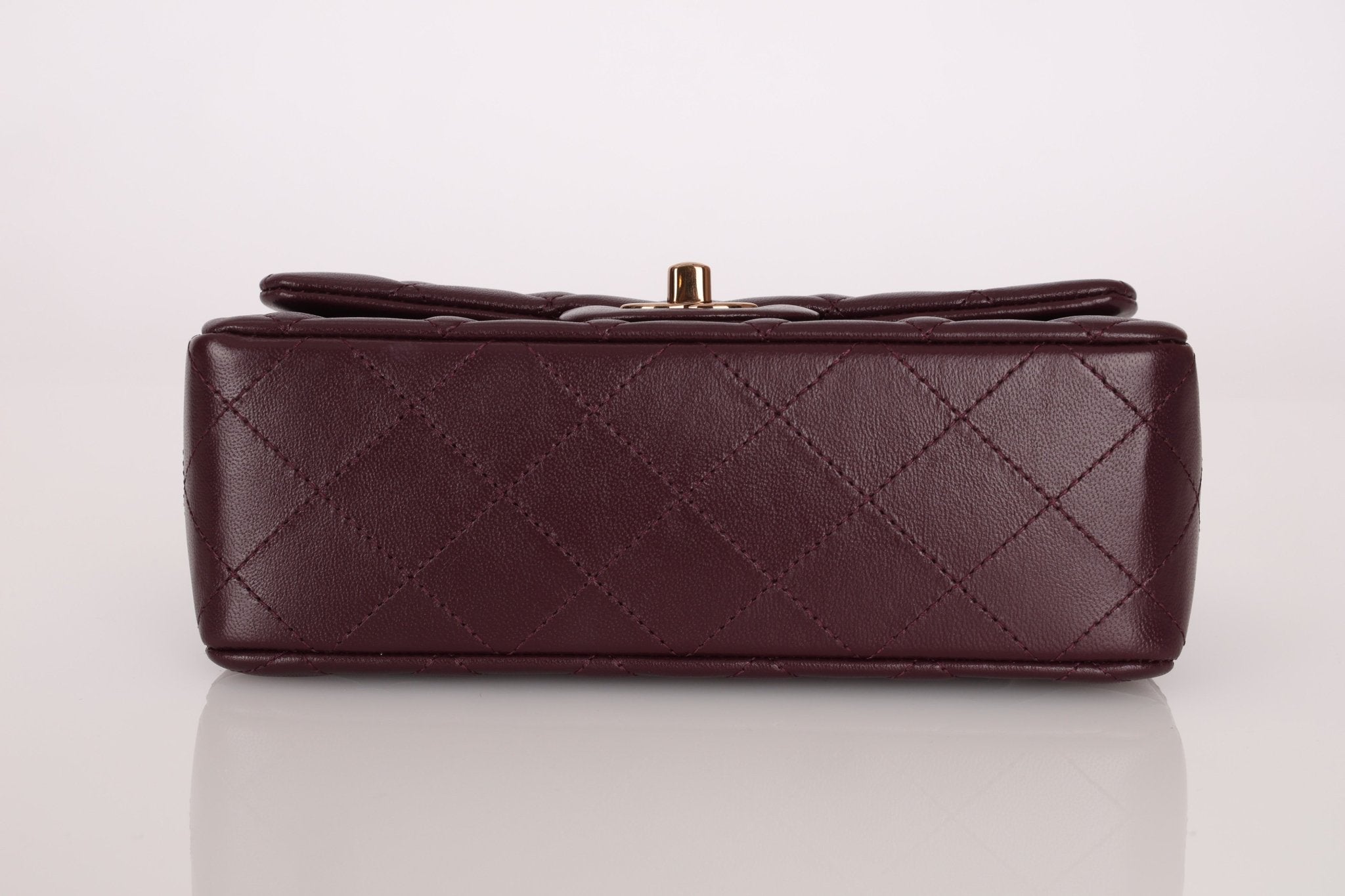 Ultra - Rare Chanel 2024 Bordeaux Lambskin Mini Rectangular Rose Gold Hardware Flap Bag - FashioNica