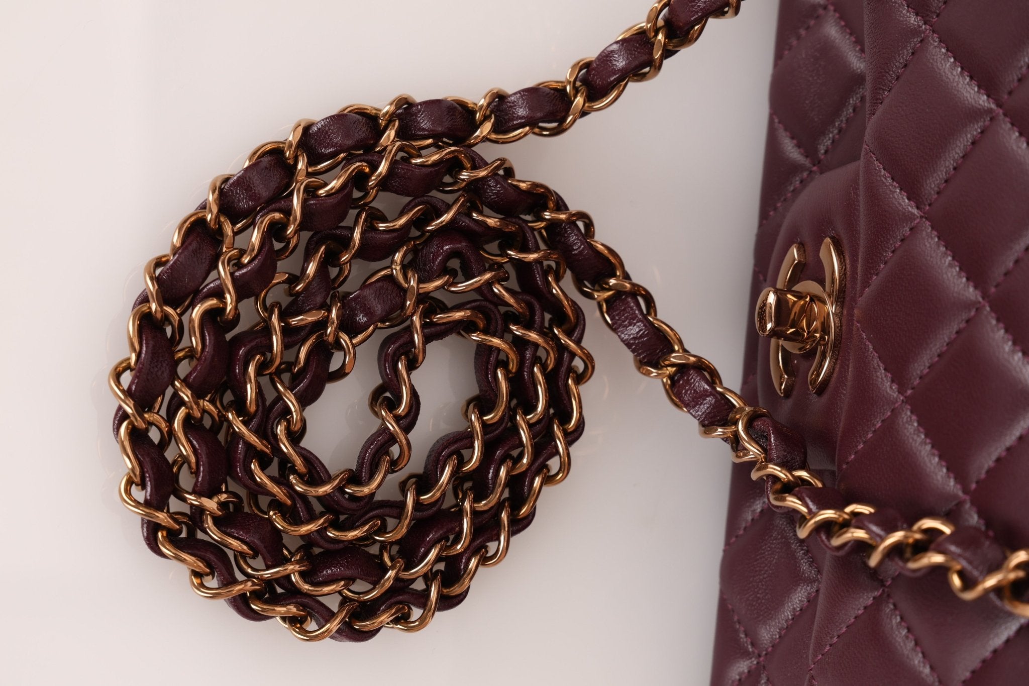 Ultra - Rare Chanel 2024 Bordeaux Lambskin Mini Rectangular Rose Gold Hardware Flap Bag - FashioNica