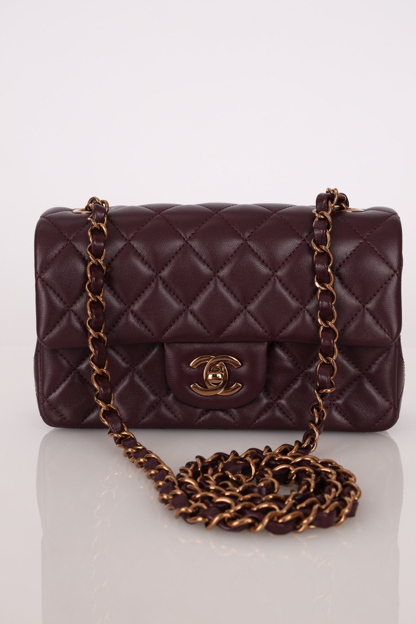 Ultra - Rare Chanel 2024 Bordeaux Lambskin Mini Rectangular Rose Gold Hardware Flap Bag - FashioNica