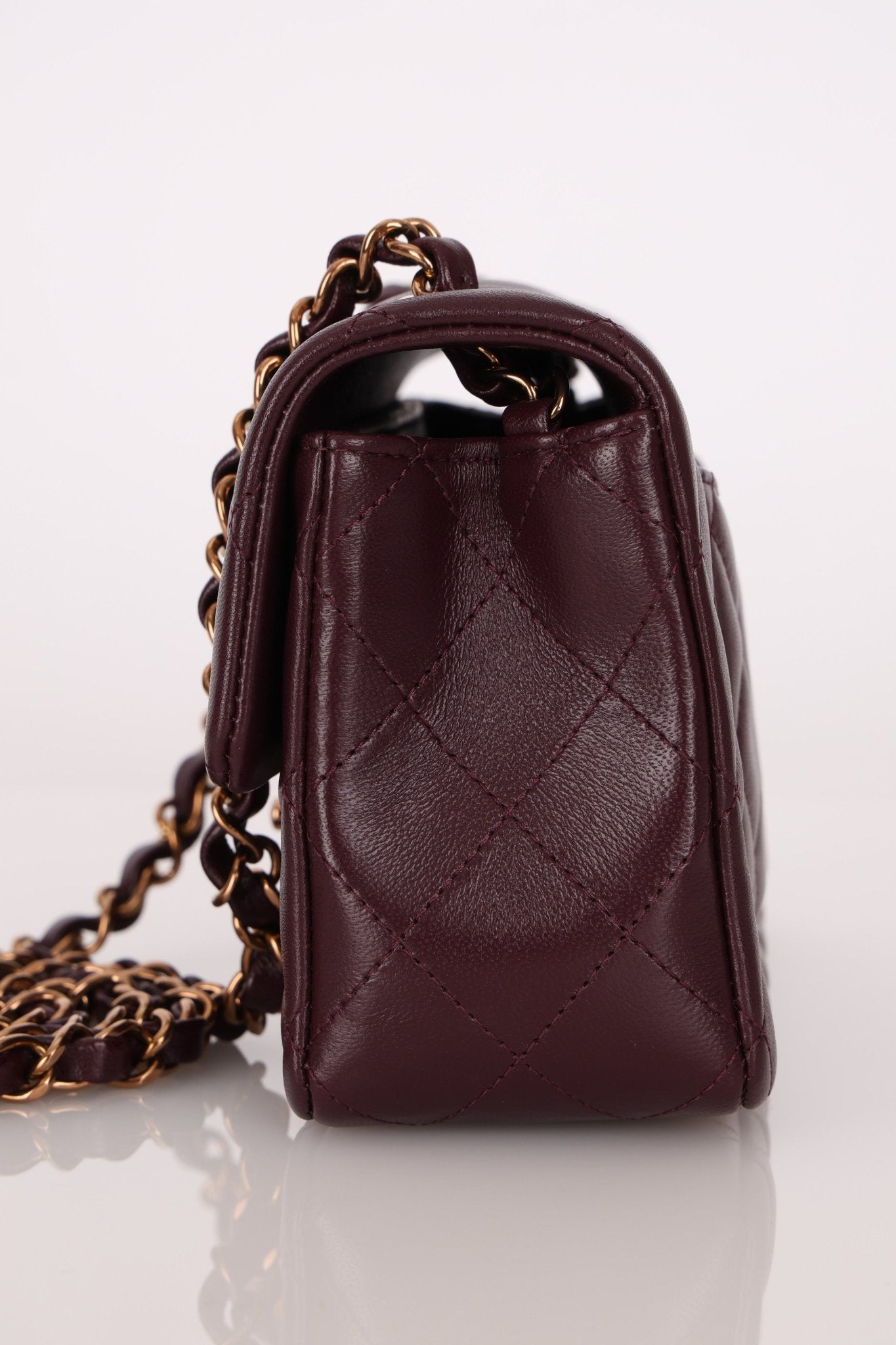 Ultra - Rare Chanel 2024 Bordeaux Lambskin Mini Rectangular Rose Gold Hardware Flap Bag - FashioNica