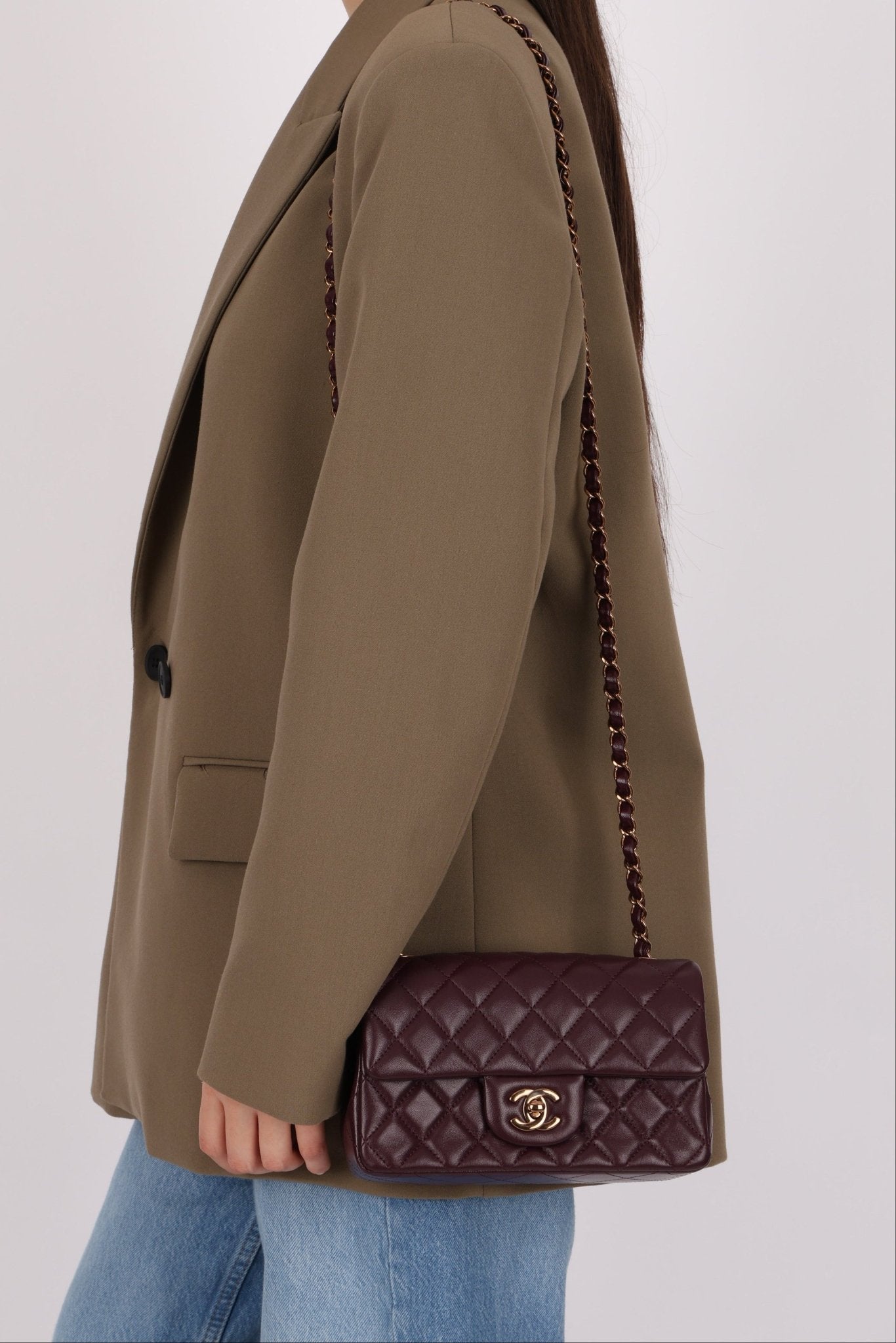 Ultra - Rare Chanel 2024 Bordeaux Lambskin Mini Rectangular Rose Gold Hardware Flap Bag - FashioNica