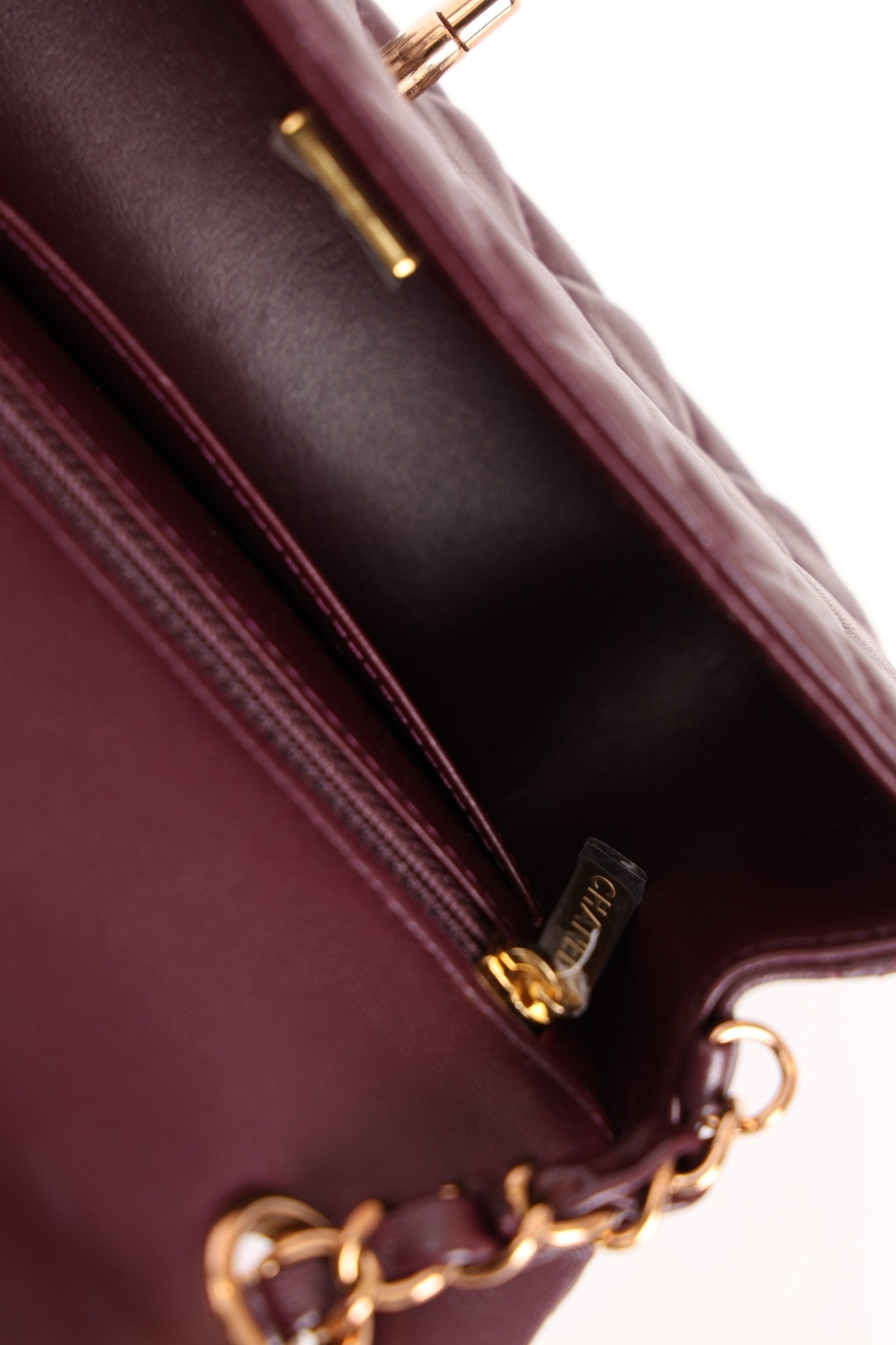 Ultra - Rare Chanel 2024 Bordeaux Lambskin Mini Rectangular Rose Gold Hardware Flap Bag - FashioNica