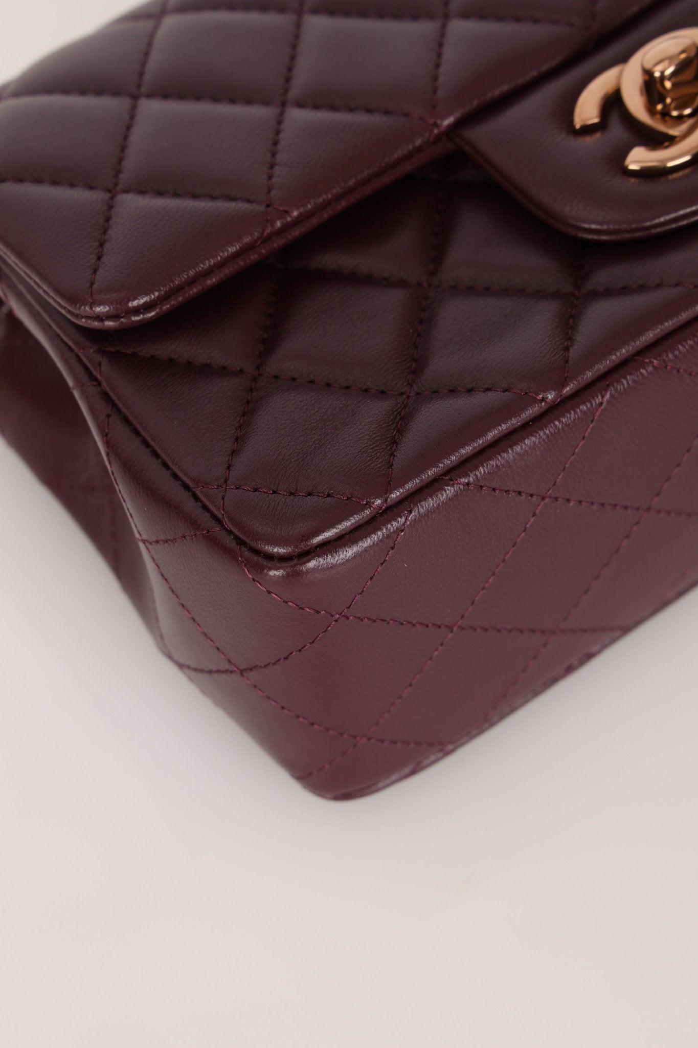 Ultra - Rare Chanel 2024 Bordeaux Lambskin Mini Rectangular Rose Gold Hardware Flap Bag - FashioNica