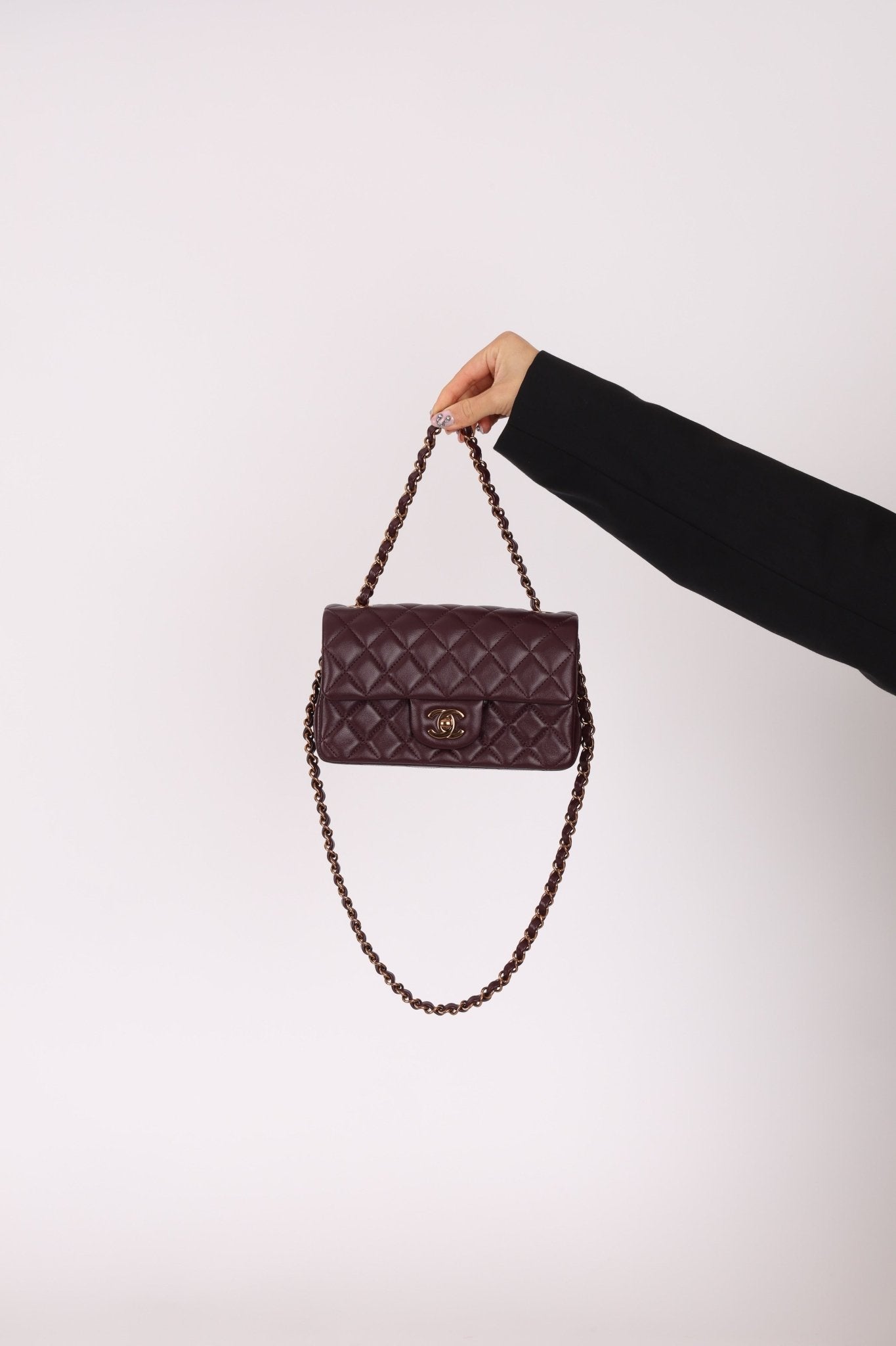 Ultra - Rare Chanel 2024 Bordeaux Lambskin Mini Rectangular Rose Gold Hardware Flap Bag - FashioNica