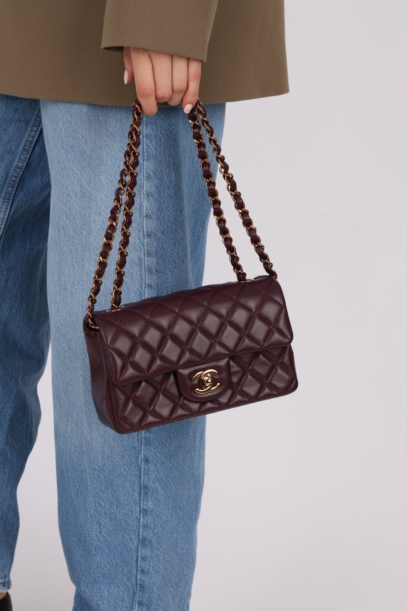 Ultra - Rare Chanel 2024 Bordeaux Lambskin Mini Rectangular Rose Gold Hardware Flap Bag - FashioNica