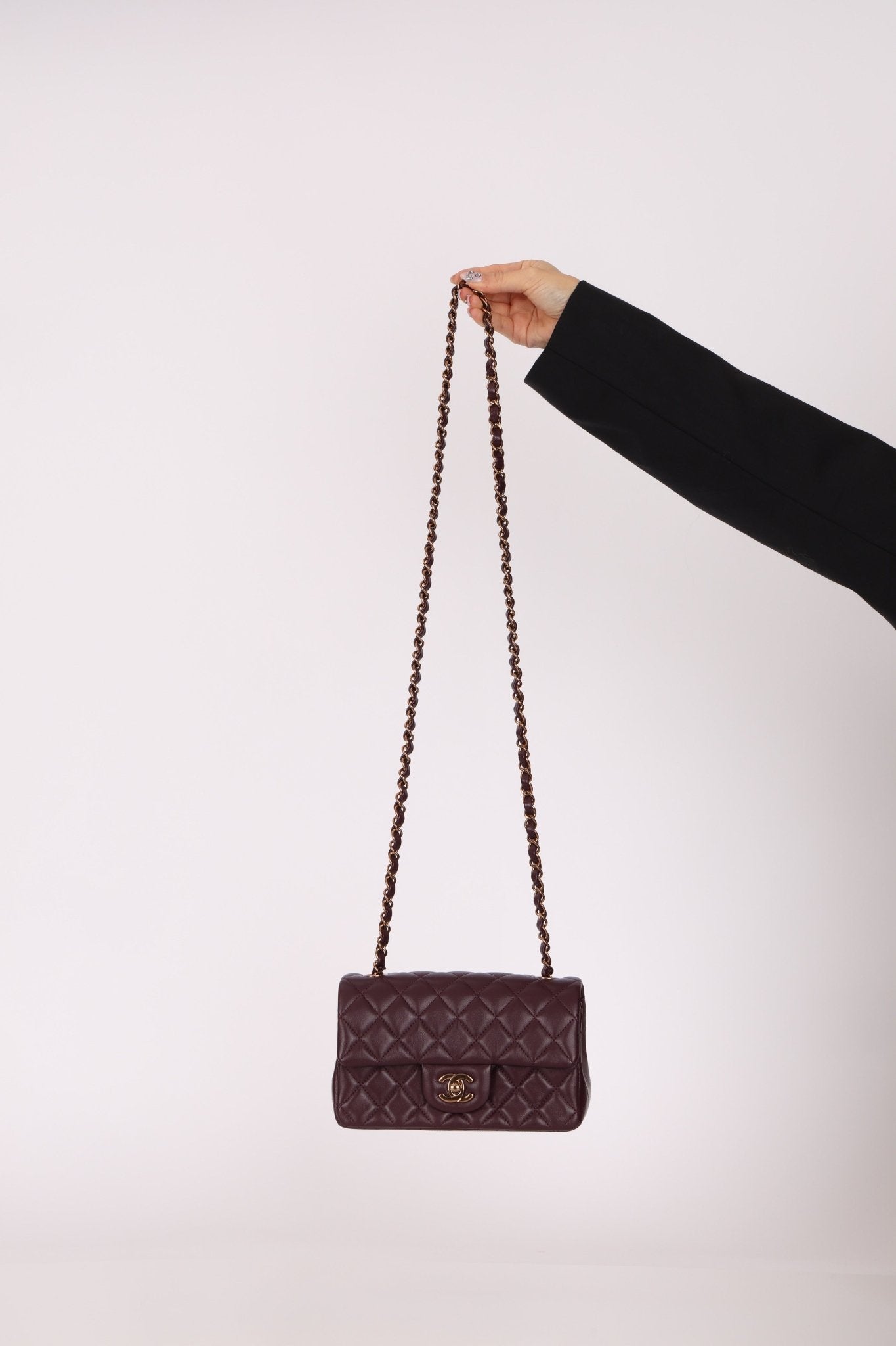 Ultra - Rare Chanel 2024 Bordeaux Lambskin Mini Rectangular Rose Gold Hardware Flap Bag - FashioNica