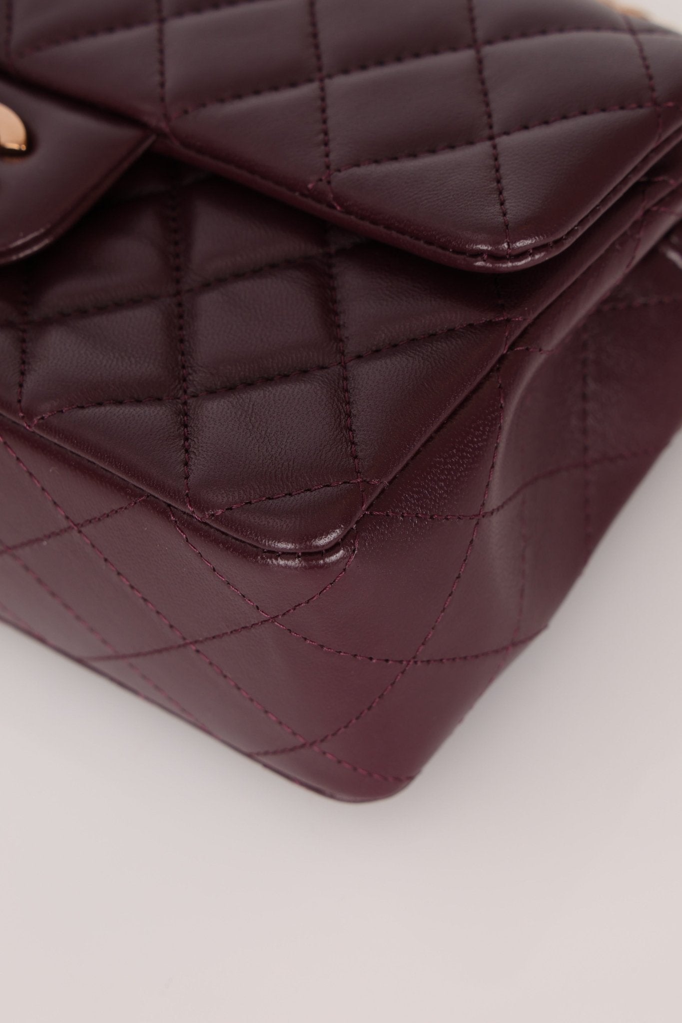 Ultra - Rare Chanel 2024 Bordeaux Lambskin Mini Rectangular Rose Gold Hardware Flap Bag - FashioNica