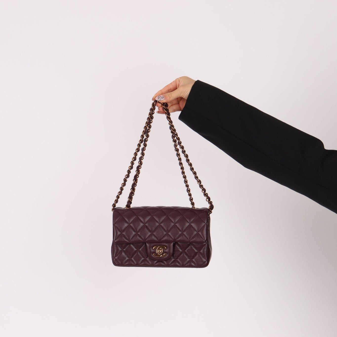 Ultra - Rare Chanel 2024 Bordeaux Lambskin Mini Rectangular Rose Gold Hardware Flap Bag - FashioNica