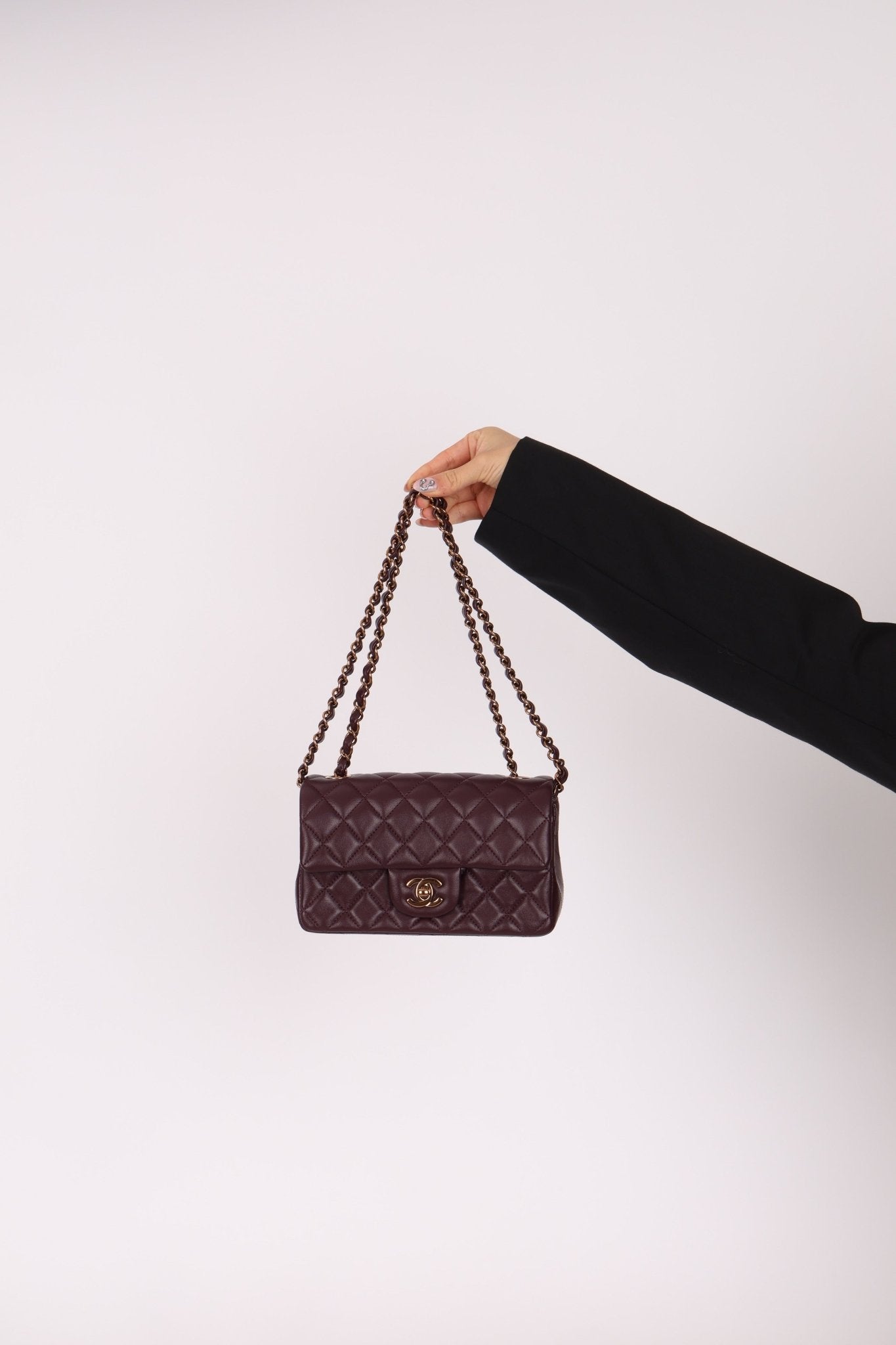 Ultra - Rare Chanel 2024 Bordeaux Lambskin Mini Rectangular Rose Gold Hardware Flap Bag - FashioNica