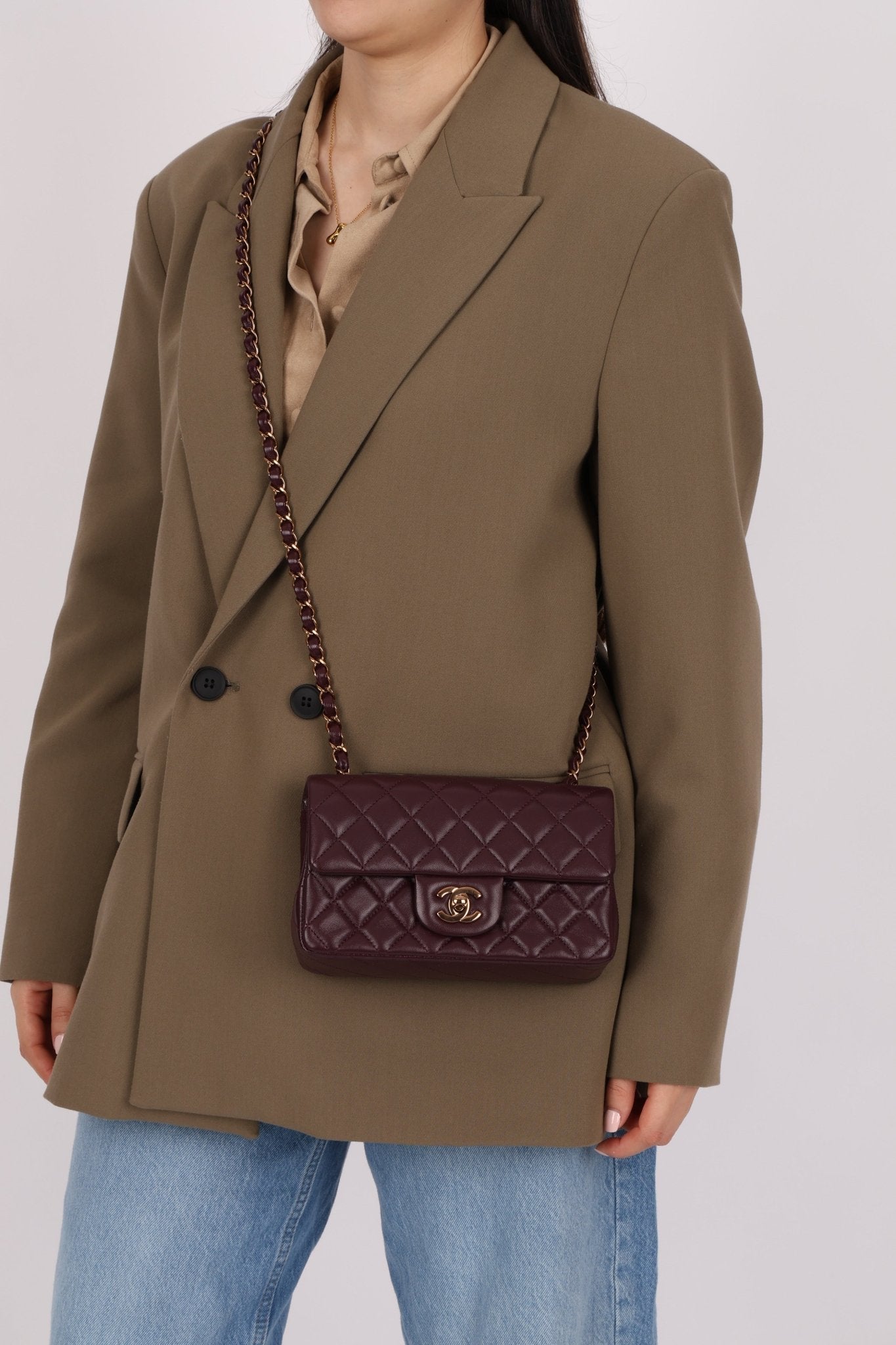 Ultra - Rare Chanel 2024 Bordeaux Lambskin Mini Rectangular Rose Gold Hardware Flap Bag - FashioNica