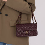 Ultra - Rare Chanel 2024 Bordeaux Lambskin Mini Rectangular Rose Gold Hardware Flap Bag - FashioNica