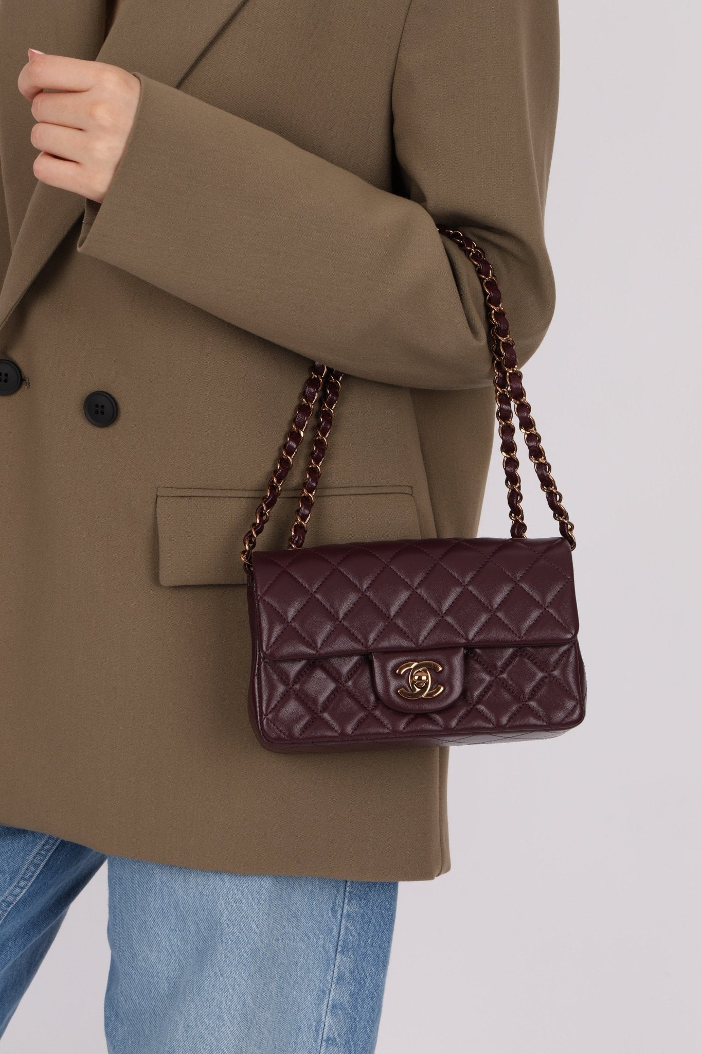 Ultra - Rare Chanel 2024 Bordeaux Lambskin Mini Rectangular Rose Gold Hardware Flap Bag - FashioNica