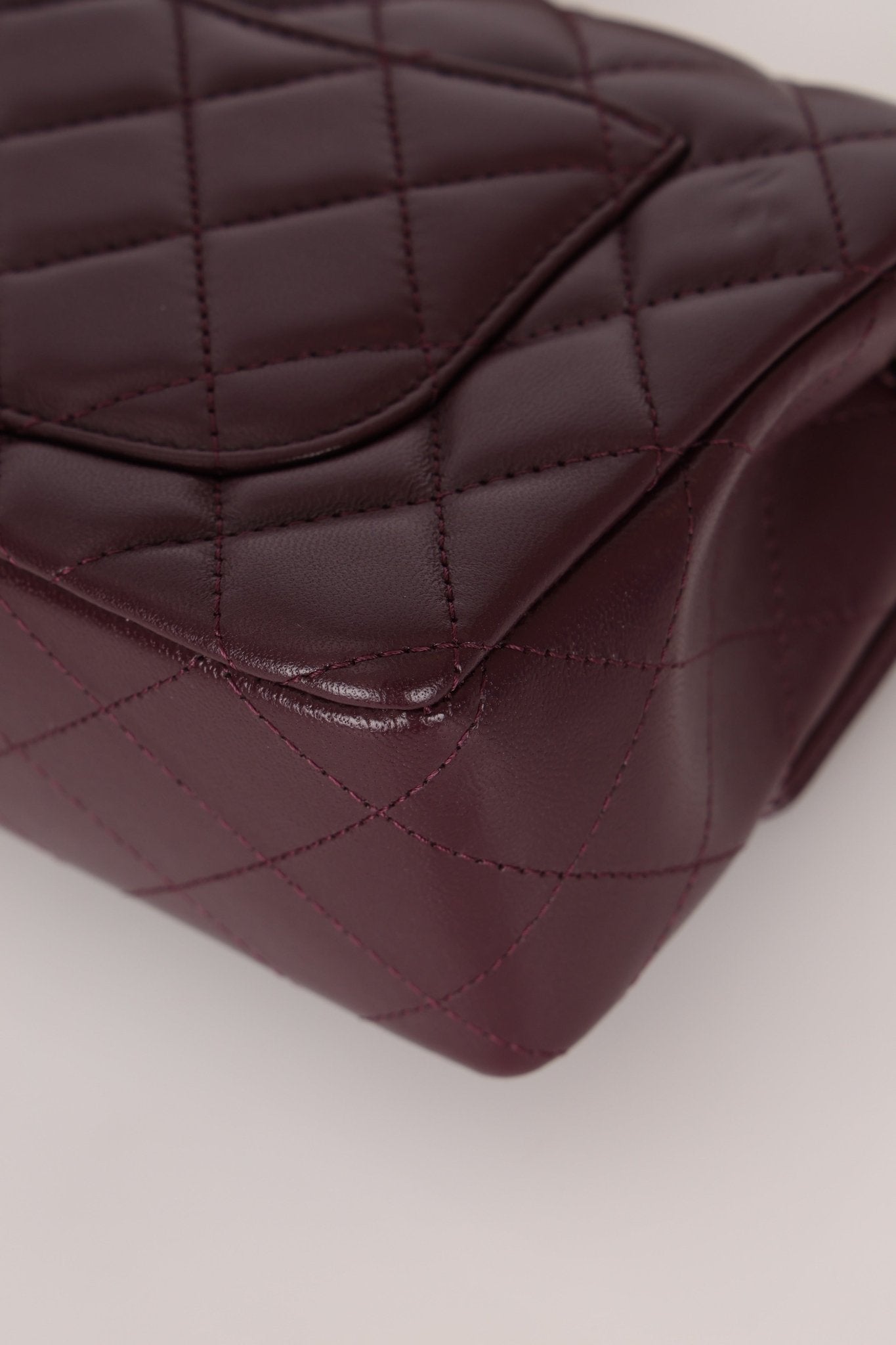 Ultra - Rare Chanel 2024 Bordeaux Lambskin Mini Rectangular Rose Gold Hardware Flap Bag - FashioNica