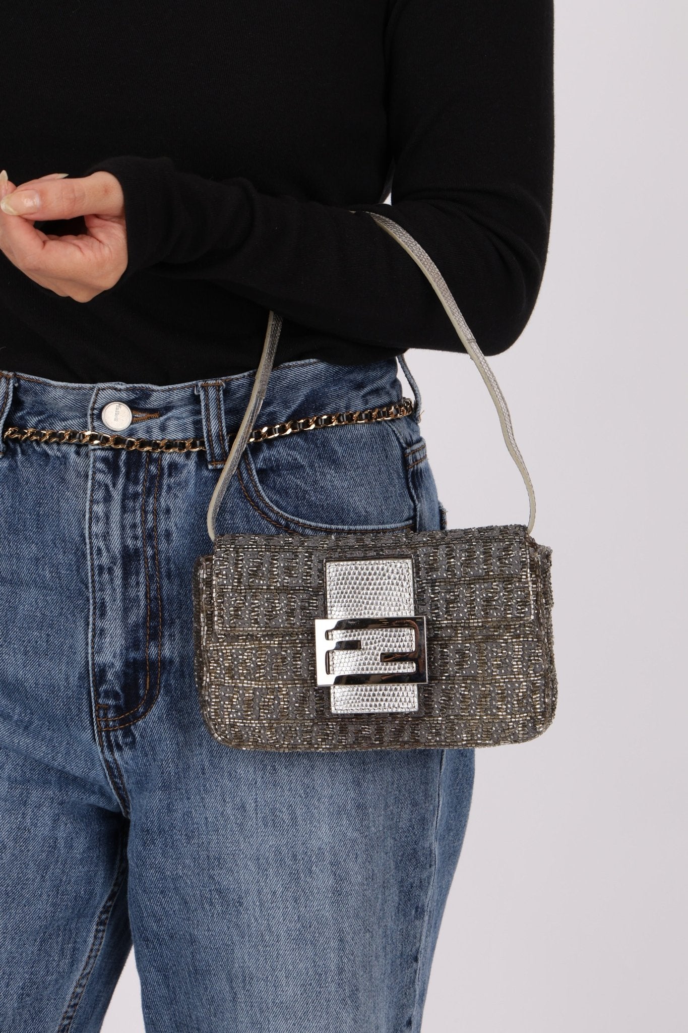 Ultra - Rare Fendi 2003 Karung Trimmed Metallic Beaded Zucchino Mini Baguette - FashioNica