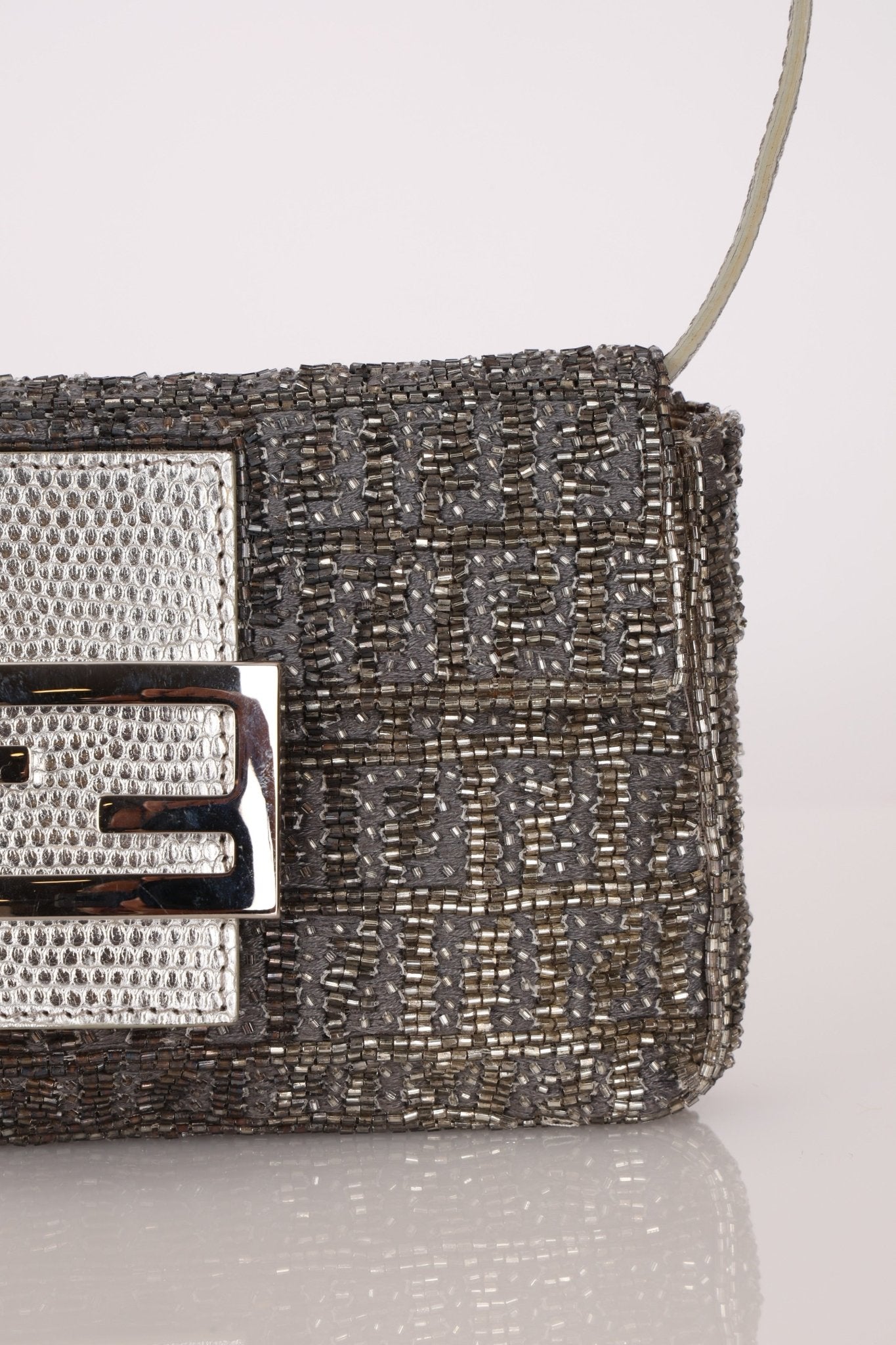 Ultra - Rare Fendi 2003 Karung Trimmed Metallic Beaded Zucchino Mini Baguette - FashioNica