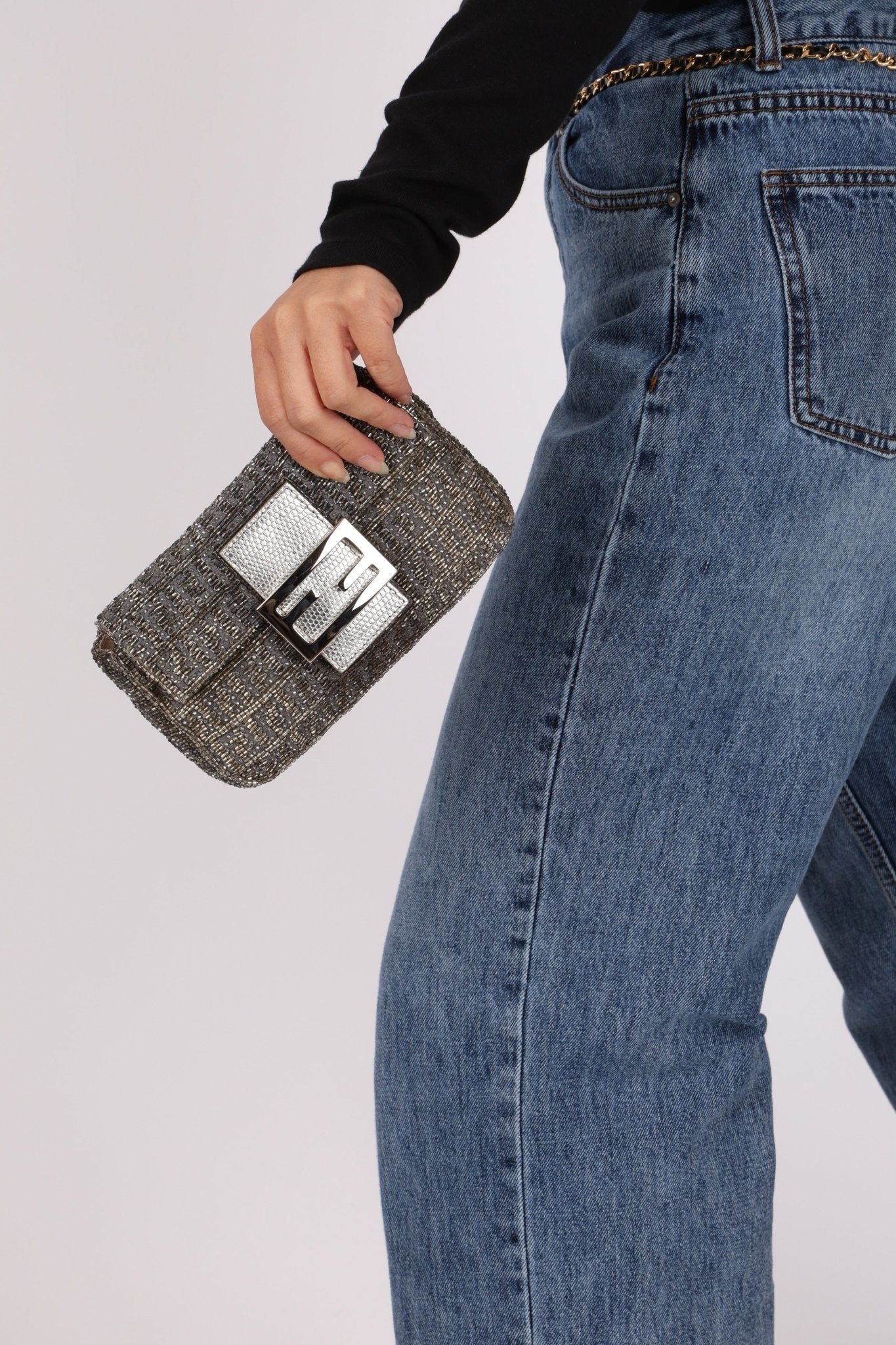 Ultra - Rare Fendi 2003 Karung Trimmed Metallic Beaded Zucchino Mini Baguette - FashioNica