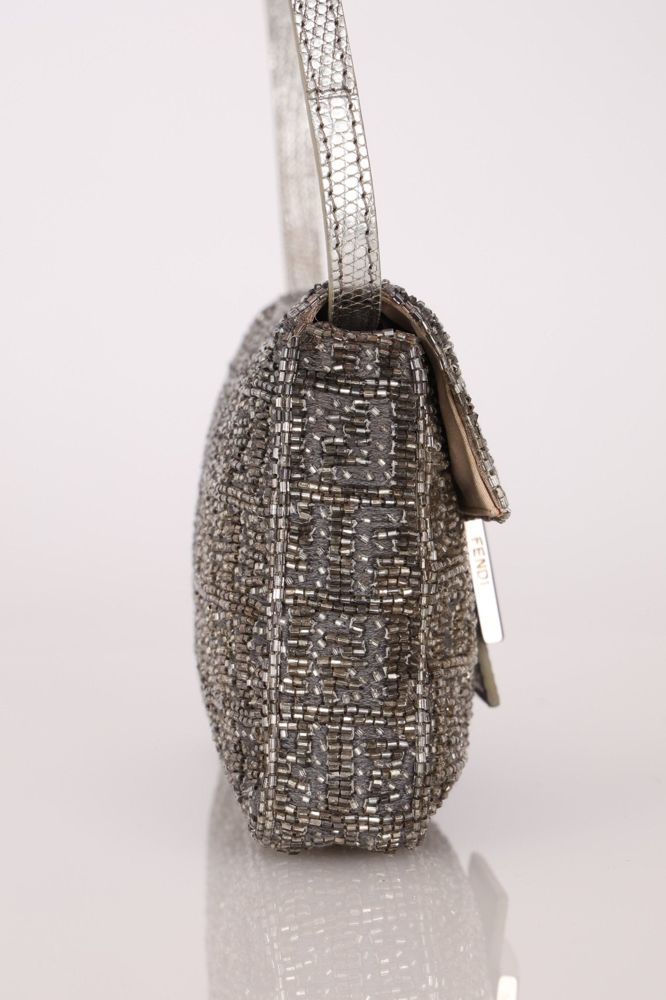 Ultra - Rare Fendi 2003 Karung Trimmed Metallic Beaded Zucchino Mini Baguette - FashioNica
