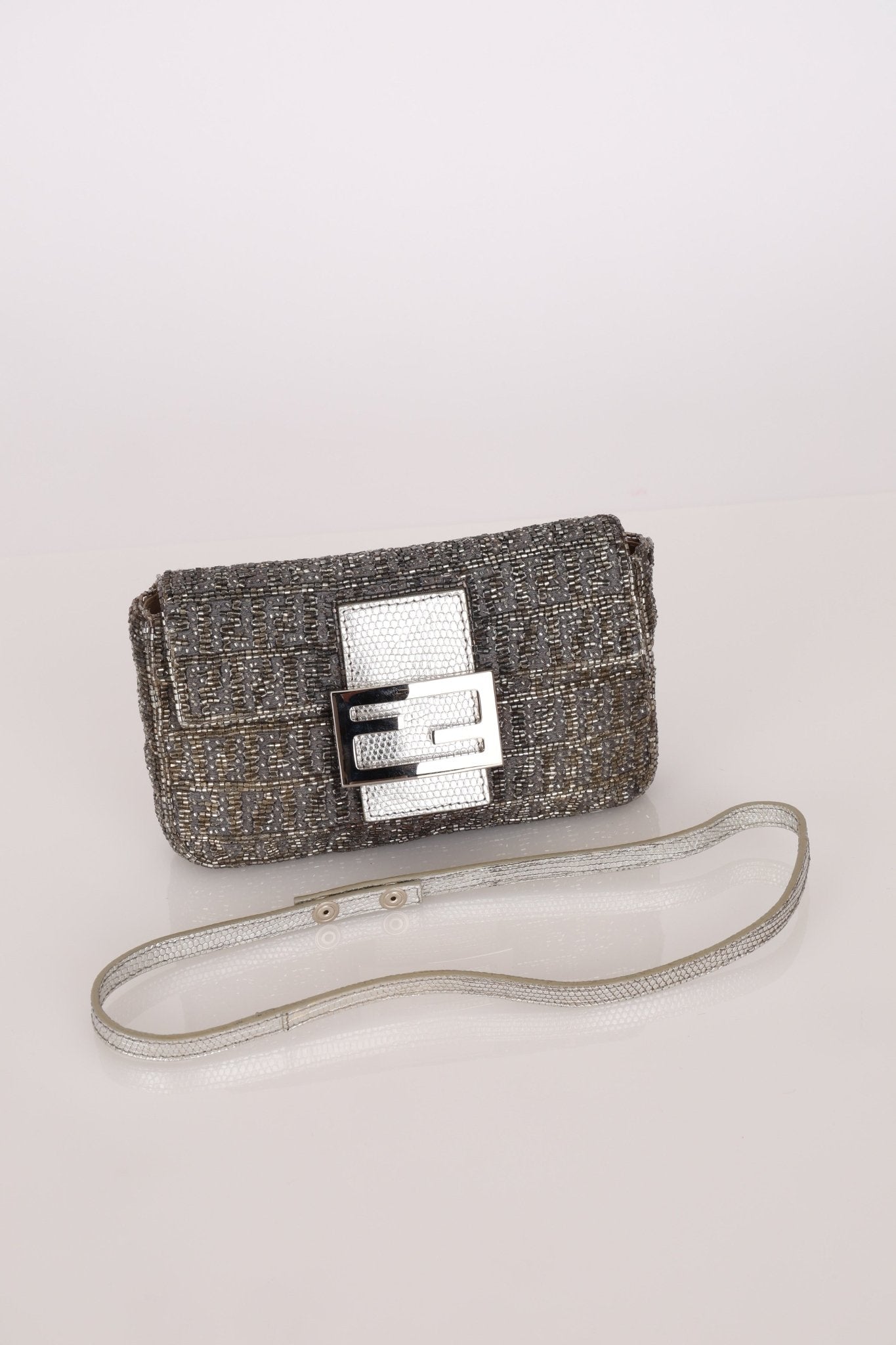 Ultra - Rare Fendi 2003 Karung Trimmed Metallic Beaded Zucchino Mini Baguette - FashioNica