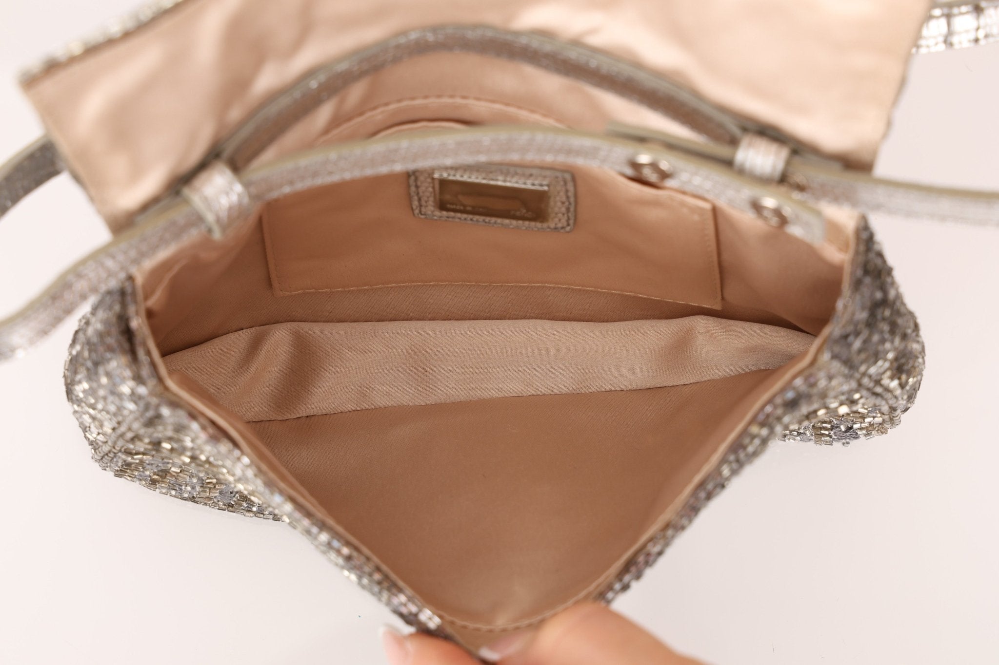 Ultra - Rare Fendi 2003 Karung Trimmed Metallic Beaded Zucchino Mini Baguette - FashioNica