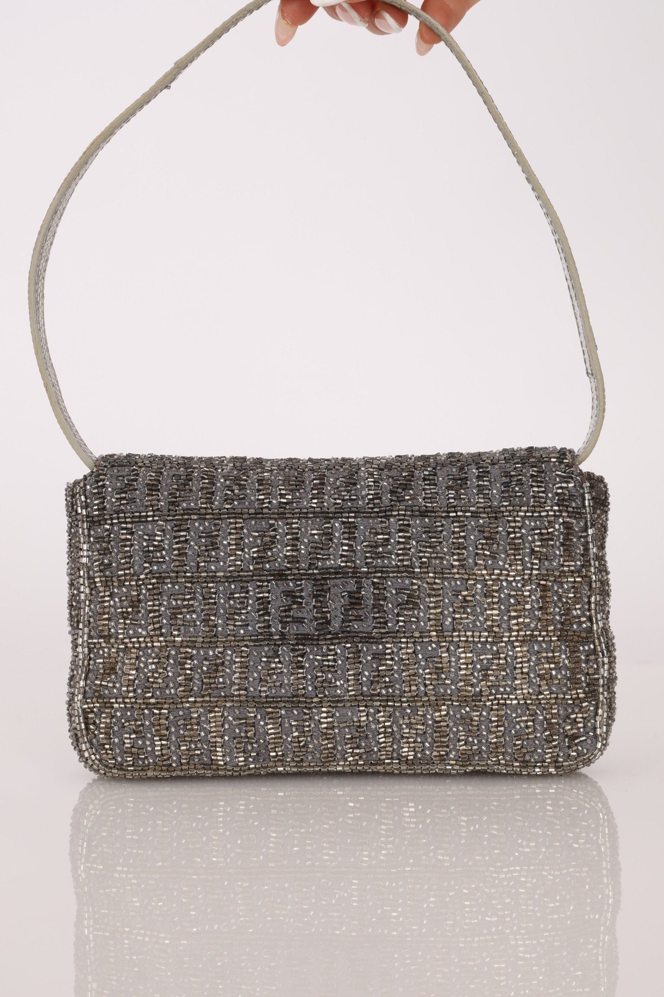 Ultra - Rare Fendi 2003 Karung Trimmed Metallic Beaded Zucchino Mini Baguette - FashioNica