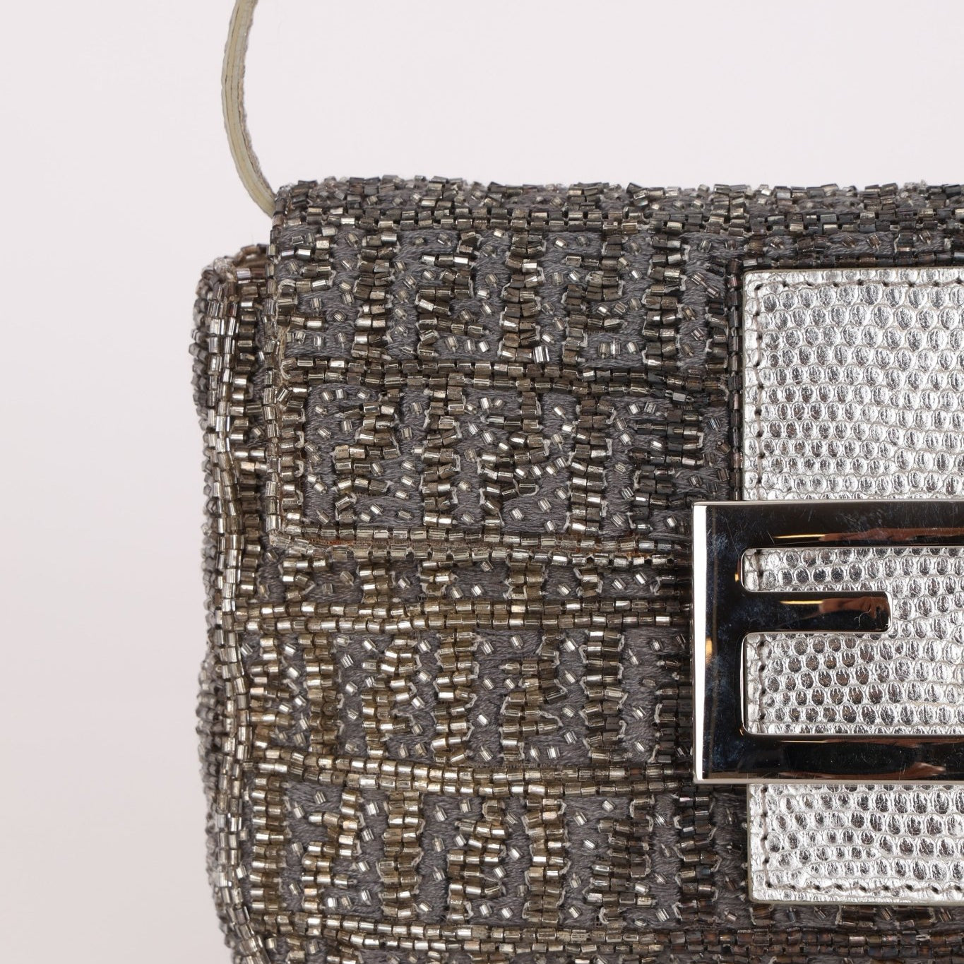 Ultra - Rare Fendi 2003 Karung Trimmed Metallic Beaded Zucchino Mini Baguette - FashioNica