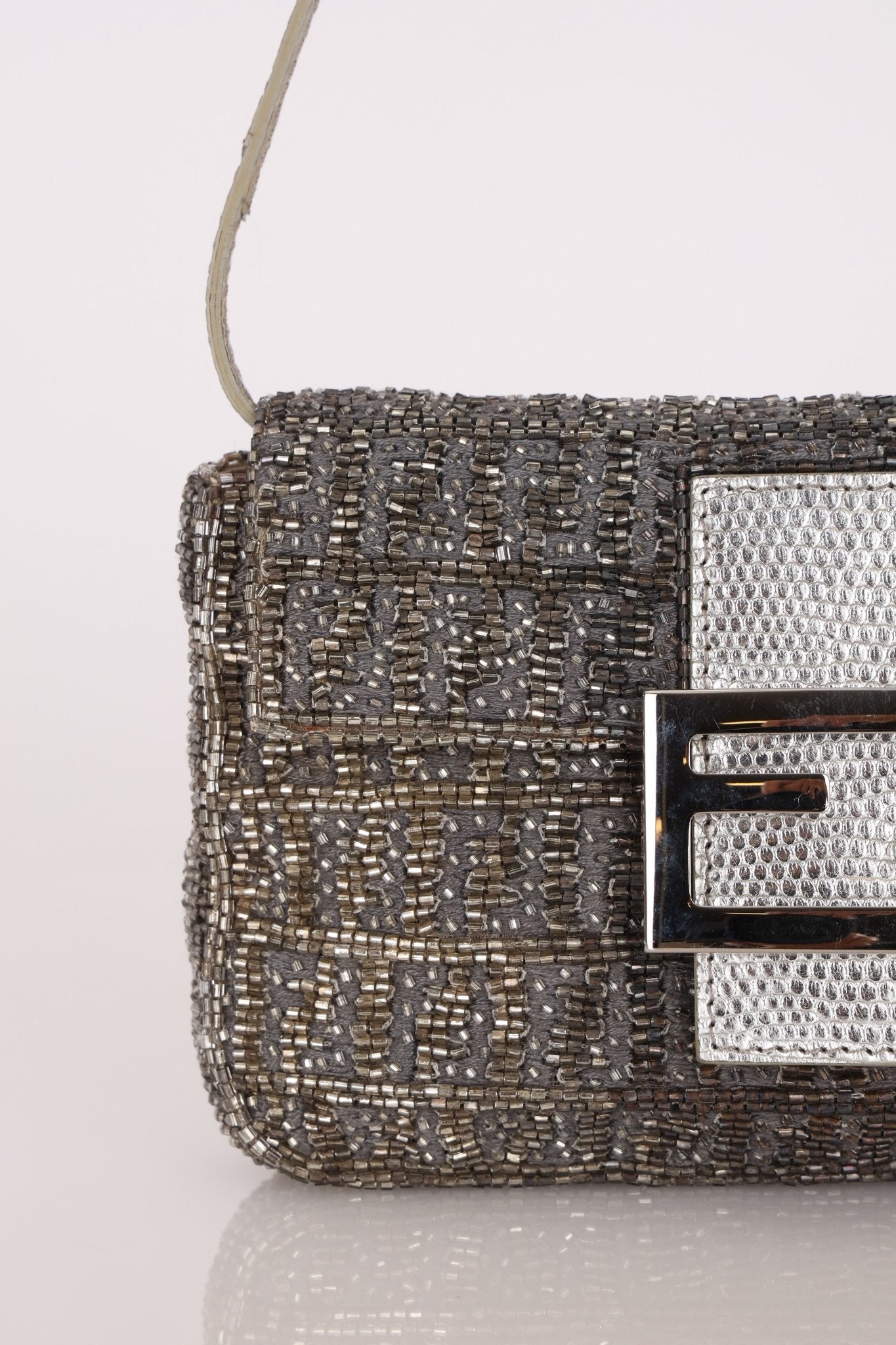 Ultra - Rare Fendi 2003 Karung Trimmed Metallic Beaded Zucchino Mini Baguette - FashioNica