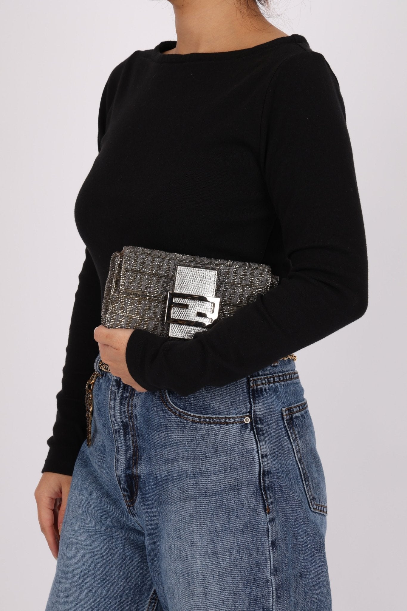 Ultra - Rare Fendi 2003 Karung Trimmed Metallic Beaded Zucchino Mini Baguette - FashioNica