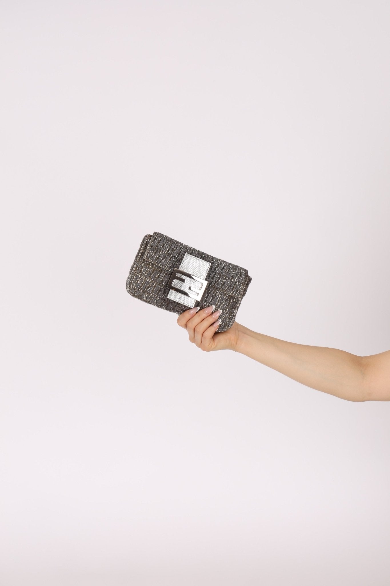 Ultra - Rare Fendi 2003 Karung Trimmed Metallic Beaded Zucchino Mini Baguette - FashioNica