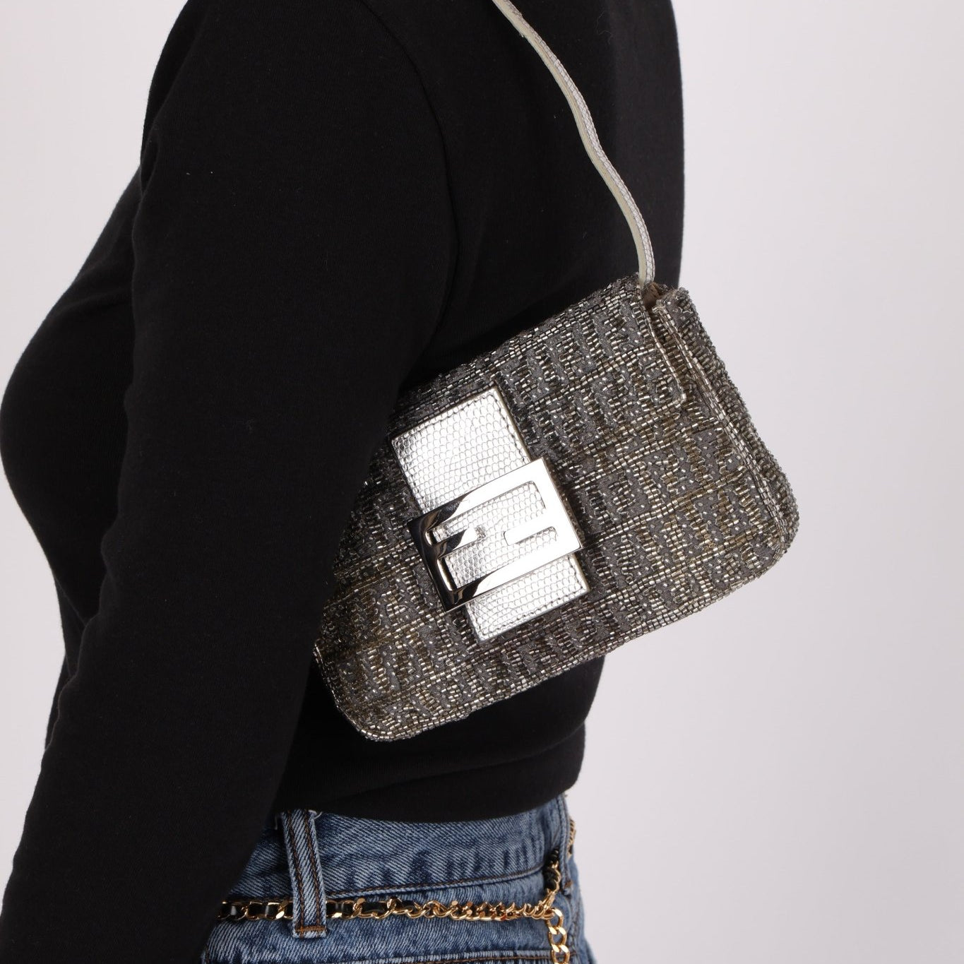Ultra - Rare Fendi 2003 Karung Trimmed Metallic Beaded Zucchino Mini Baguette - FashioNica