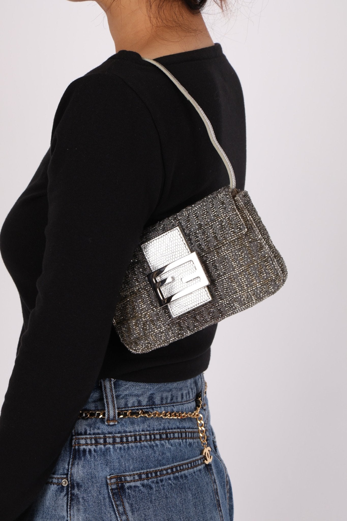 Ultra - Rare Fendi 2003 Karung Trimmed Metallic Beaded Zucchino Mini Baguette - FashioNica