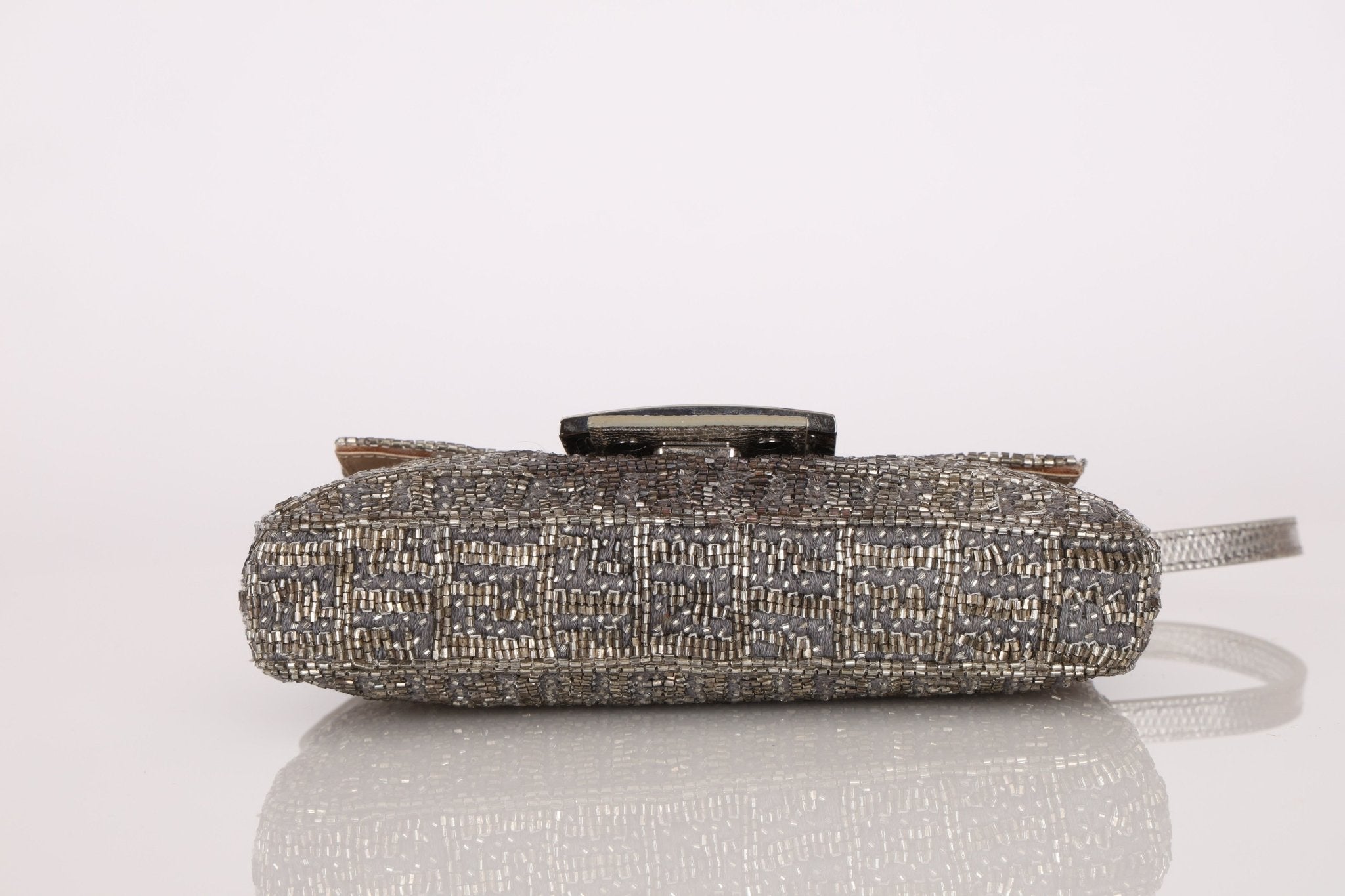 Ultra - Rare Fendi 2003 Karung Trimmed Metallic Beaded Zucchino Mini Baguette - FashioNica