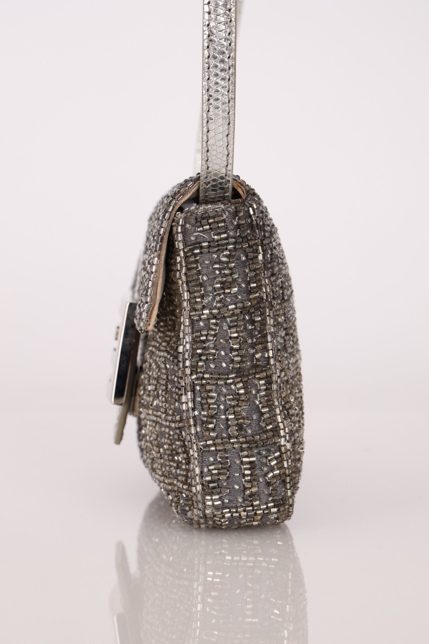 Ultra - Rare Fendi 2003 Karung Trimmed Metallic Beaded Zucchino Mini Baguette - FashioNica