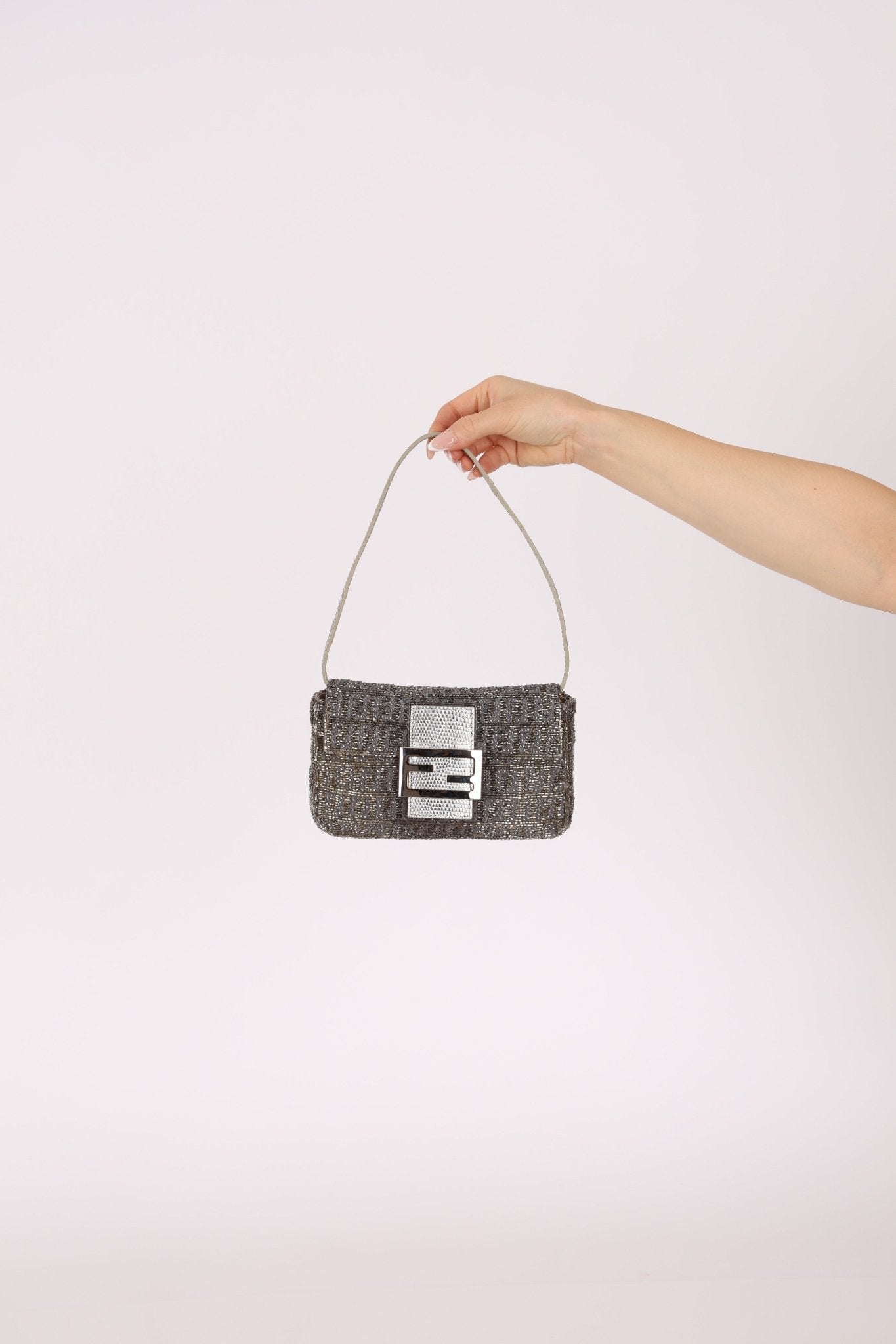 Ultra - Rare Fendi 2003 Karung Trimmed Metallic Beaded Zucchino Mini Baguette - FashioNica