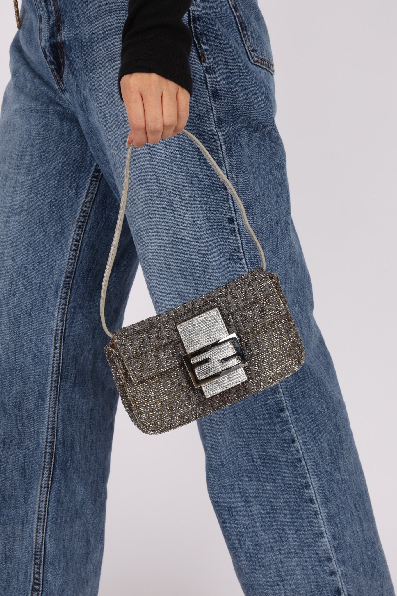 Ultra - Rare Fendi 2003 Karung Trimmed Metallic Beaded Zucchino Mini Baguette - FashioNica
